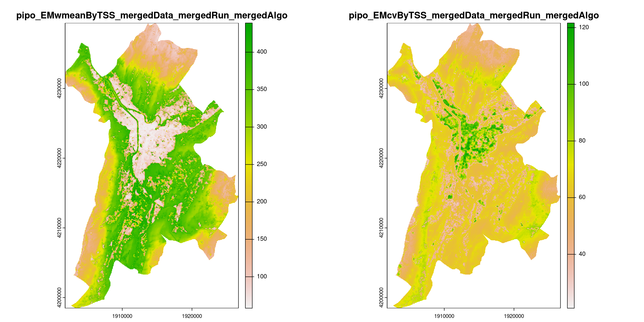 A) Projection de la distribution potentielle contemporaine (modèle d'ensemble) sur la métropole de Grenoble ; B) Incertitude associée à la projection.