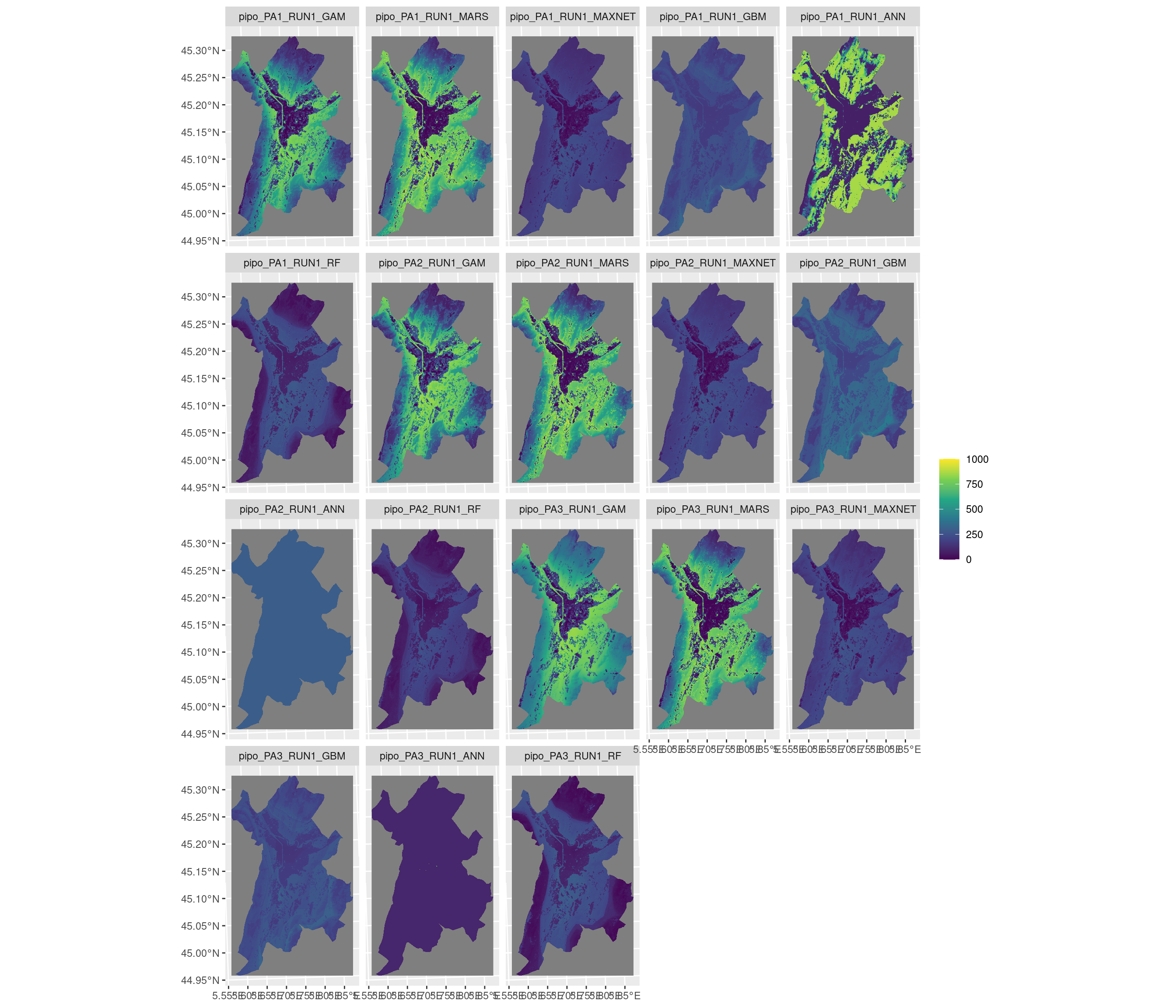 Projection de la distribution potentielle contemporaine sur la métropole de Grenoble, selon les 6 algorithmes et les 3 runs.