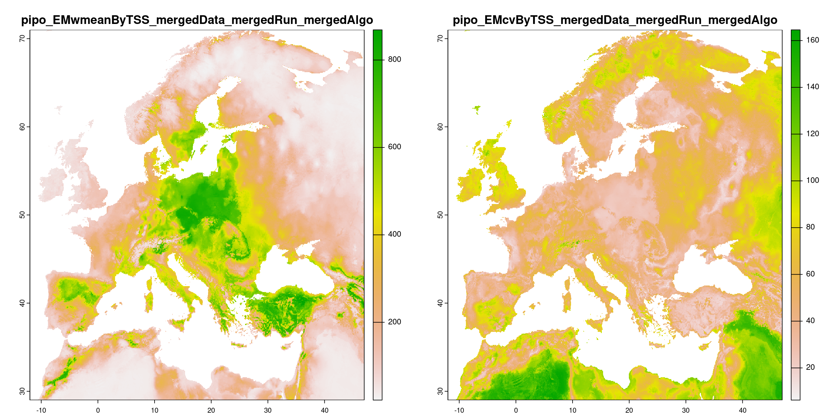 A) Projection de la distribution potentielle contemporaine (modèle d'ensemble) ; B) Incertitude associée à la projection.
