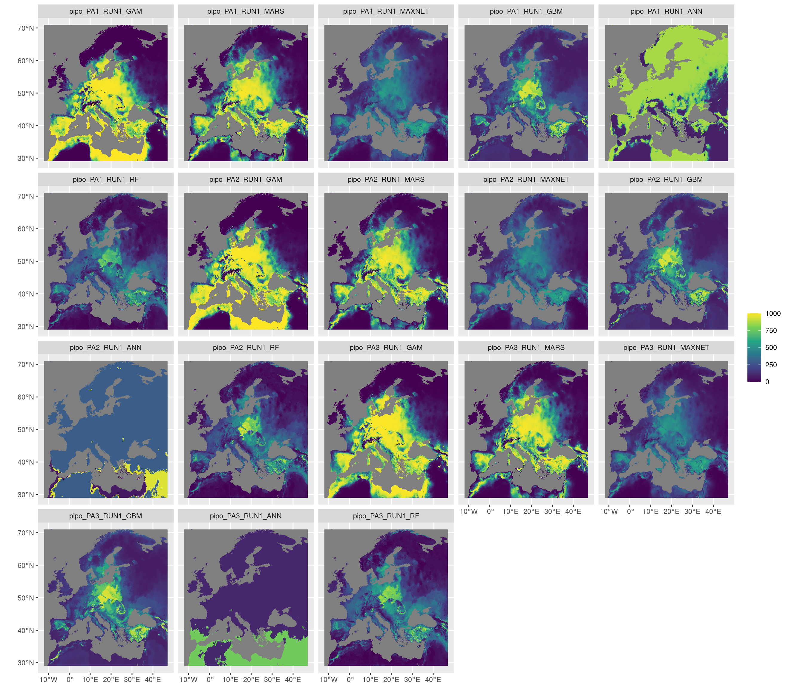 Projection de la distribution potentielle contemporaine sur l'Europe, selon les 6 algorithmes et les 3 runs.