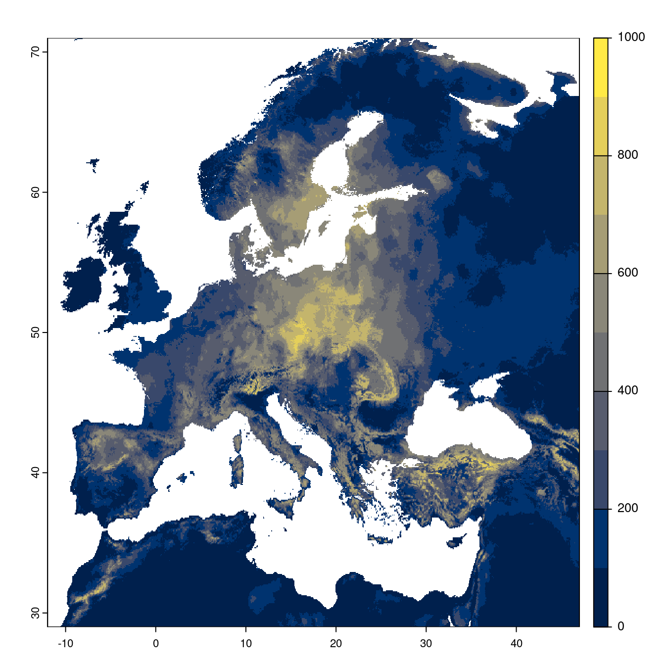 Projection des distributions potentielles futures jusqu'à l'horizon 2100 sous le scénario SSP1-2.6 (modèle d'ensemble).