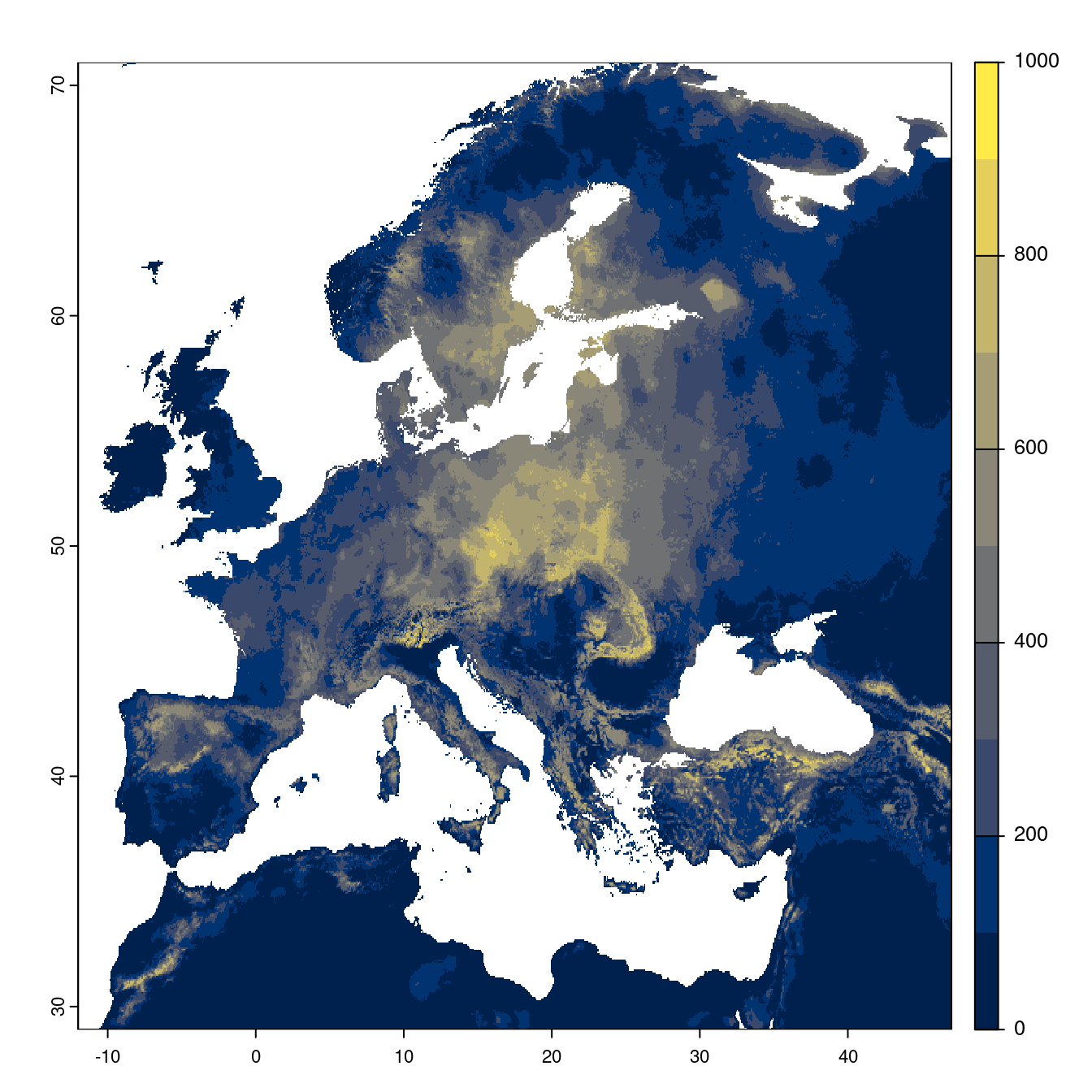 Projection des distributions potentielles futures jusqu'à l'horizon 2100 sous le scénario SSP1-2.6 (modèle d'ensemble).