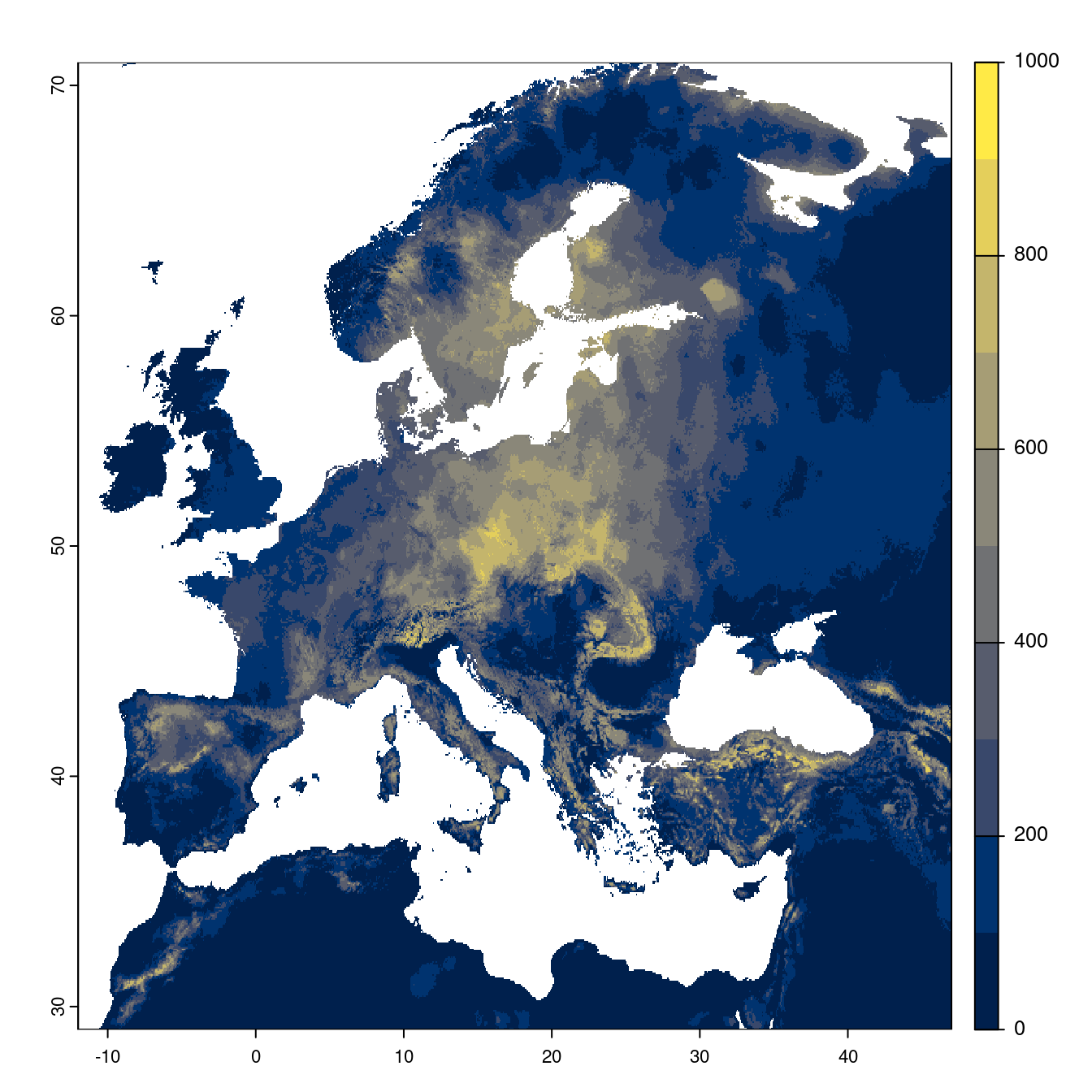 Projection des distributions potentielles futures jusqu'à l'horizon 2100 sous le scénario SSP1-2.6 (modèle d'ensemble).