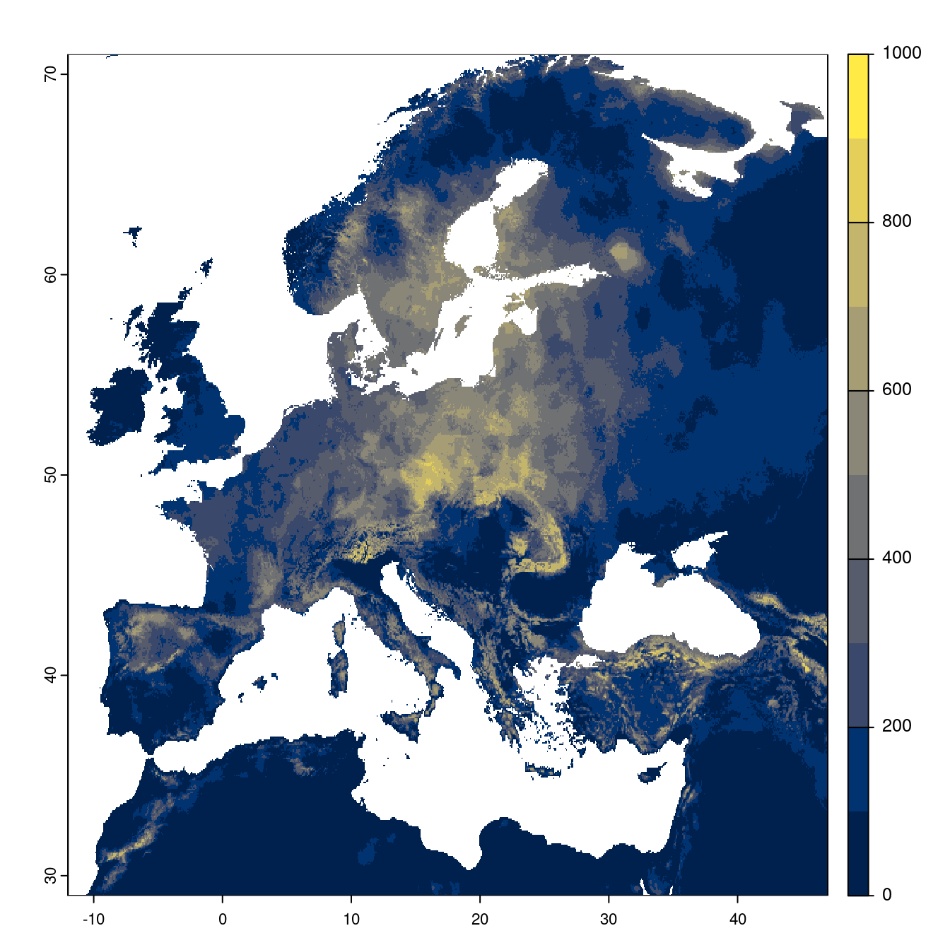 Projection des distributions potentielles futures jusqu'à l'horizon 2100 sous le scénario SSP2-4.5 (modèle d'ensemble).