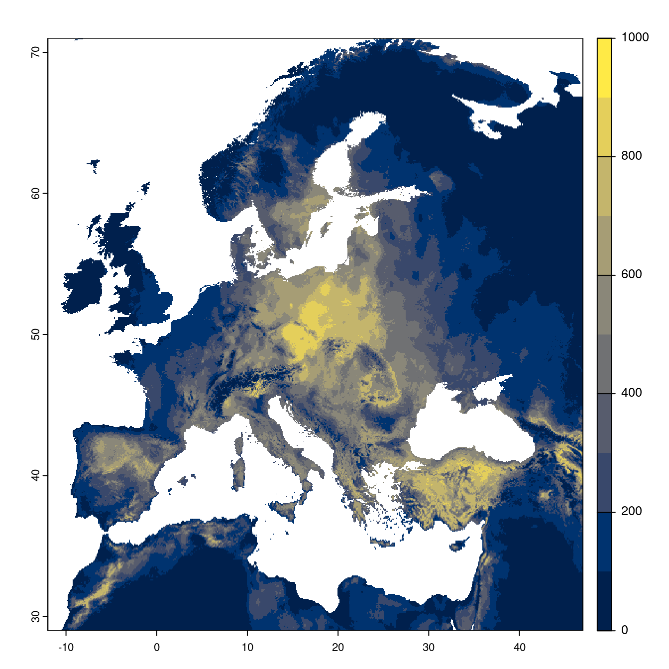 Projection des distributions potentielles futures jusqu'à l'horizon 2100 sous le scénario SSP3-7.0 (modèle d'ensemble).