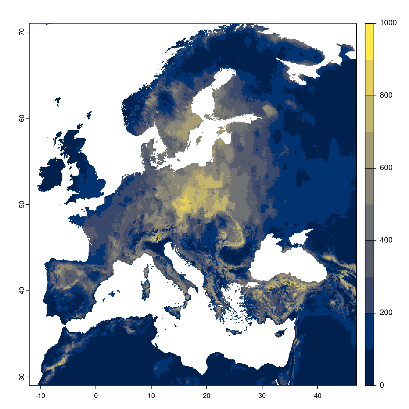 Projection des distributions potentielles futures jusqu'à l'horizon 2100 sous le scénario SSP3-7.0 (modèle d'ensemble).