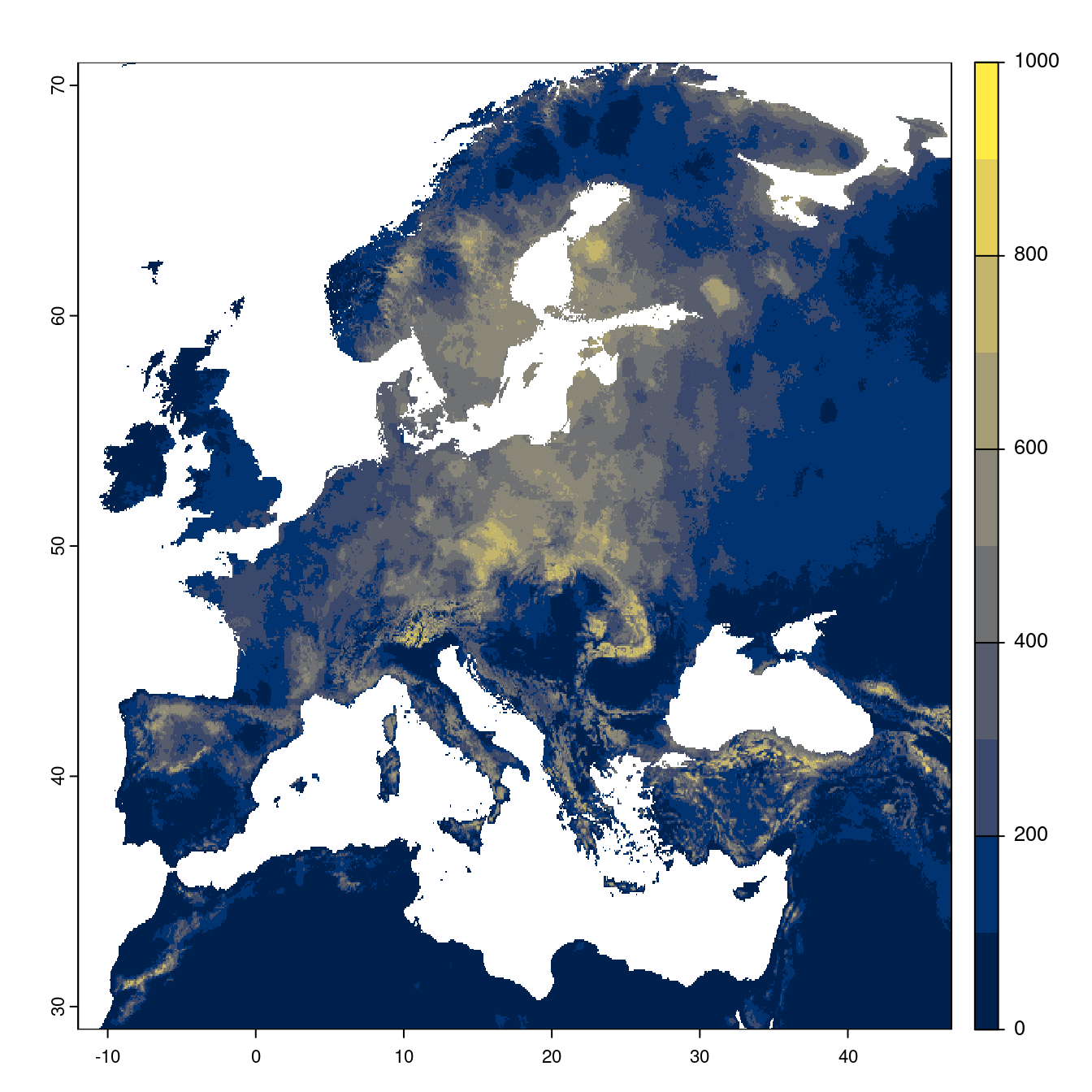 Projection des distributions potentielles futures jusqu'à l'horizon 2100 sous le scénario SSP3-7.0 (modèle d'ensemble).