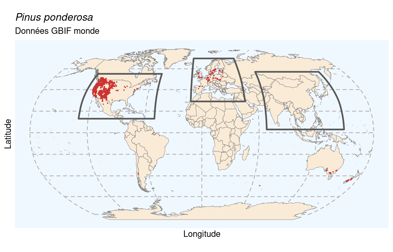 Occurrences de Pinus ponderosa dans le monde.