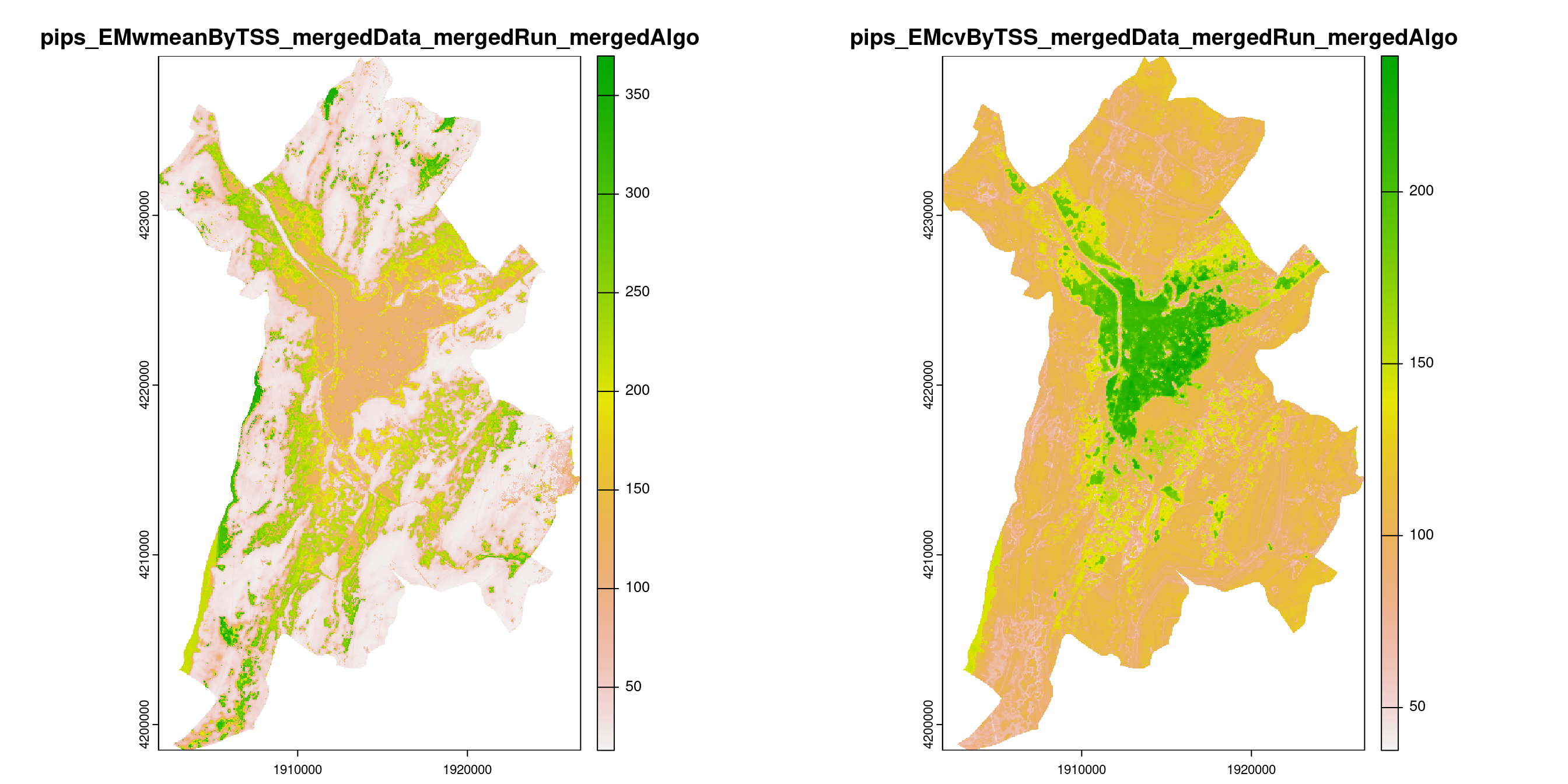 A) Projection de la distribution potentielle contemporaine (modèle d'ensemble) sur la métropole de Grenoble ; B) Incertitude associée à la projection.