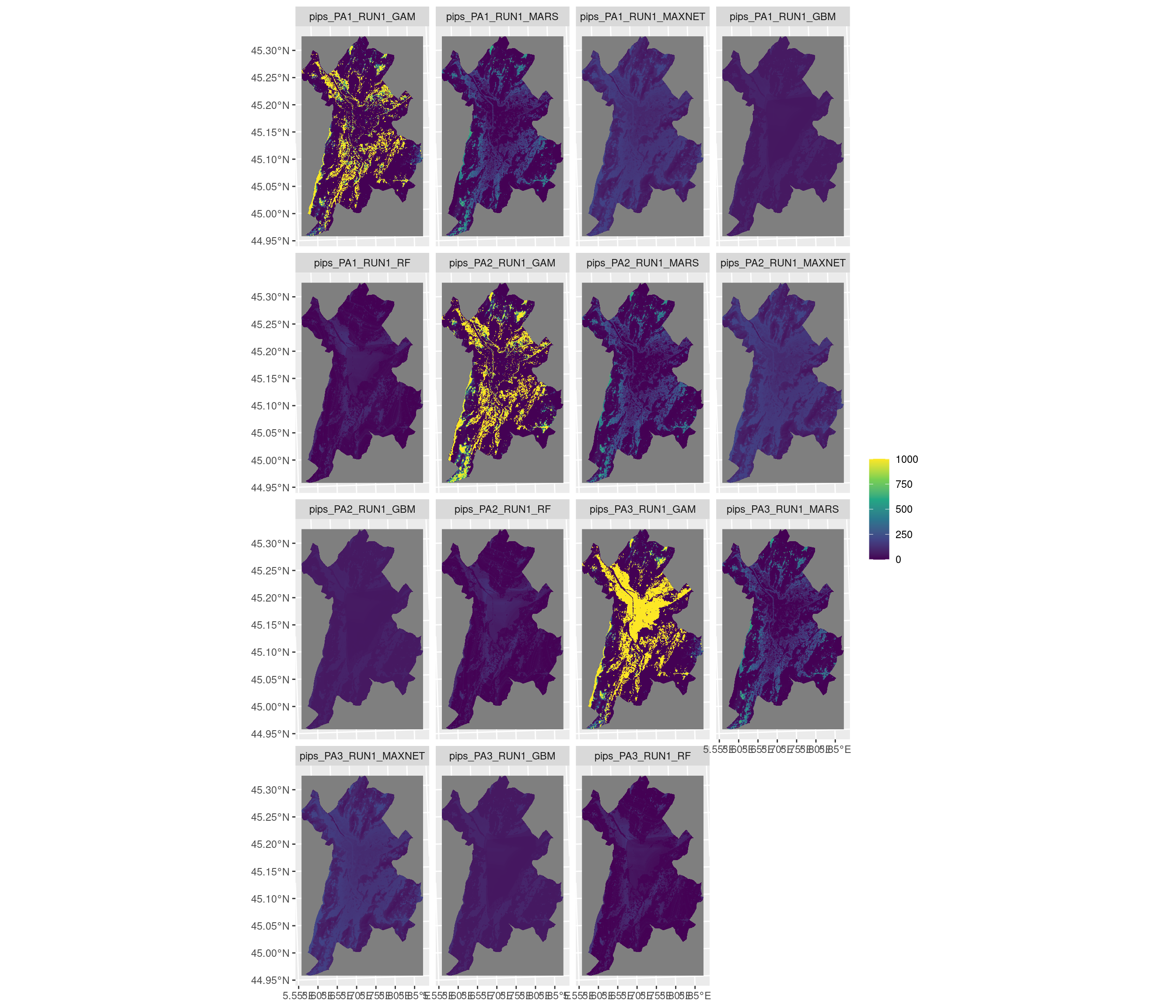 Projection de la distribution potentielle contemporaine sur la métropole de Grenoble, selon les 6 algorithmes et les 3 runs.