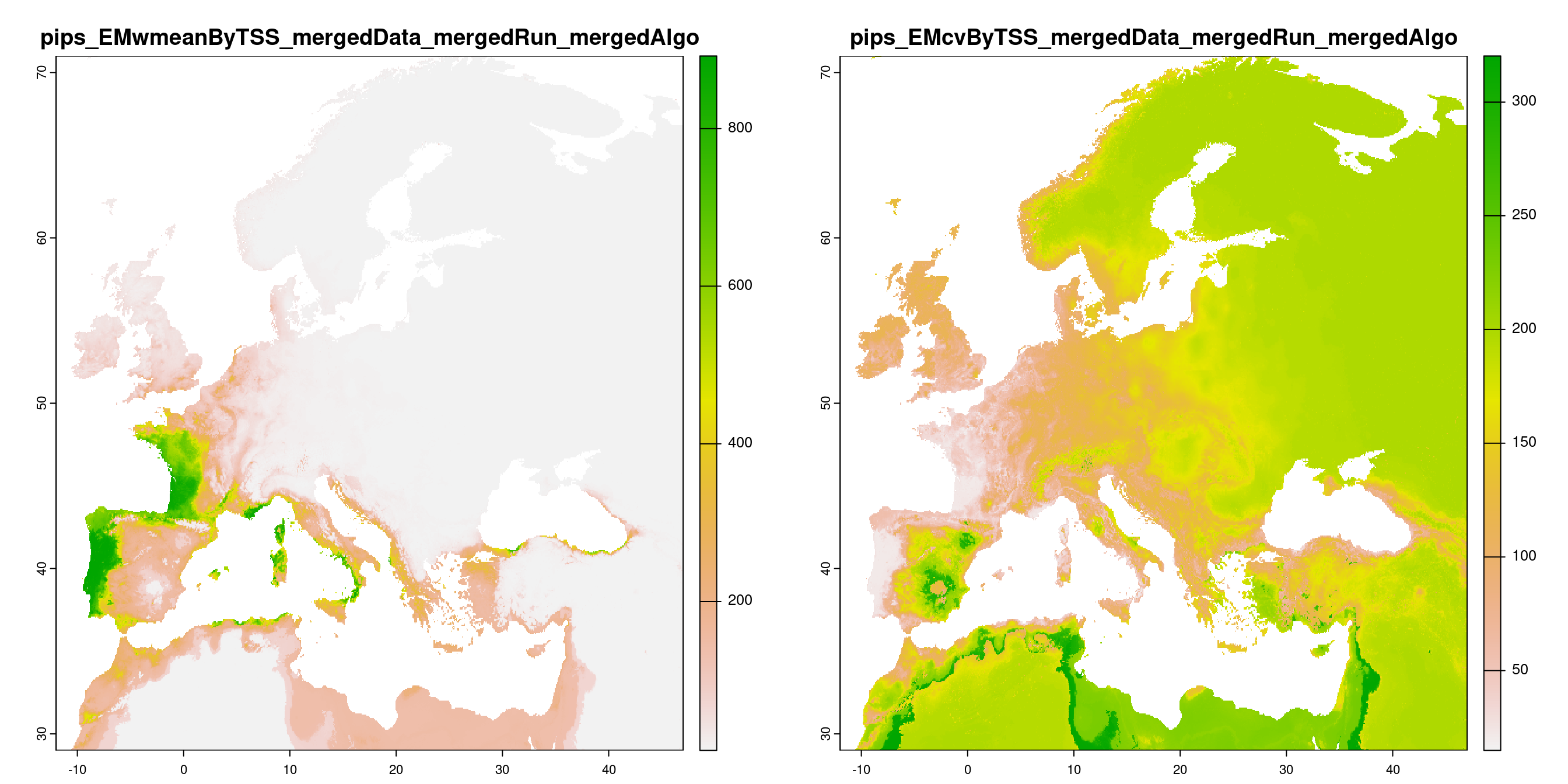 A) Projection de la distribution potentielle contemporaine (modèle d'ensemble) ; B) Incertitude associée à la projection.