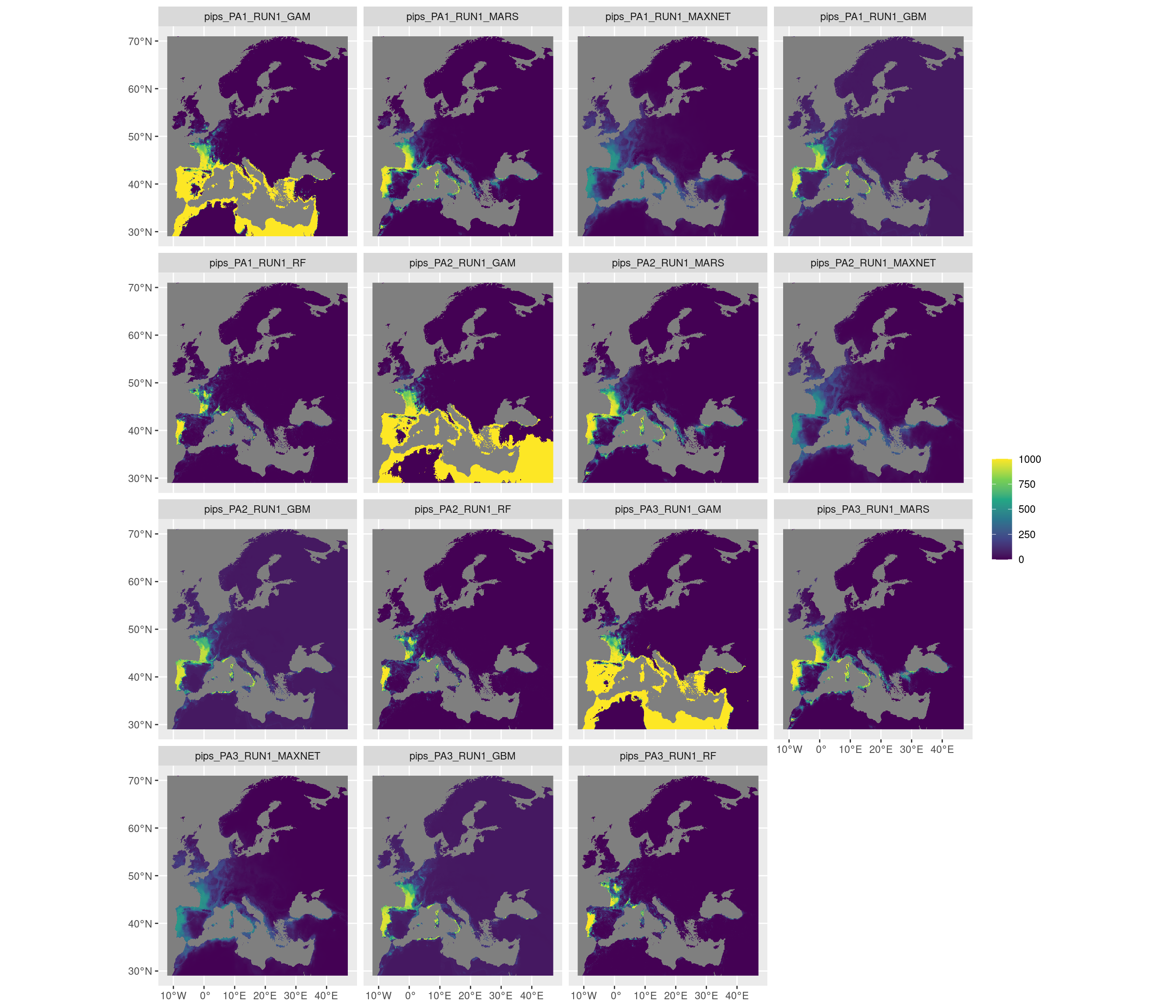Projection de la distribution potentielle contemporaine sur l'Europe, selon les 6 algorithmes et les 3 runs.