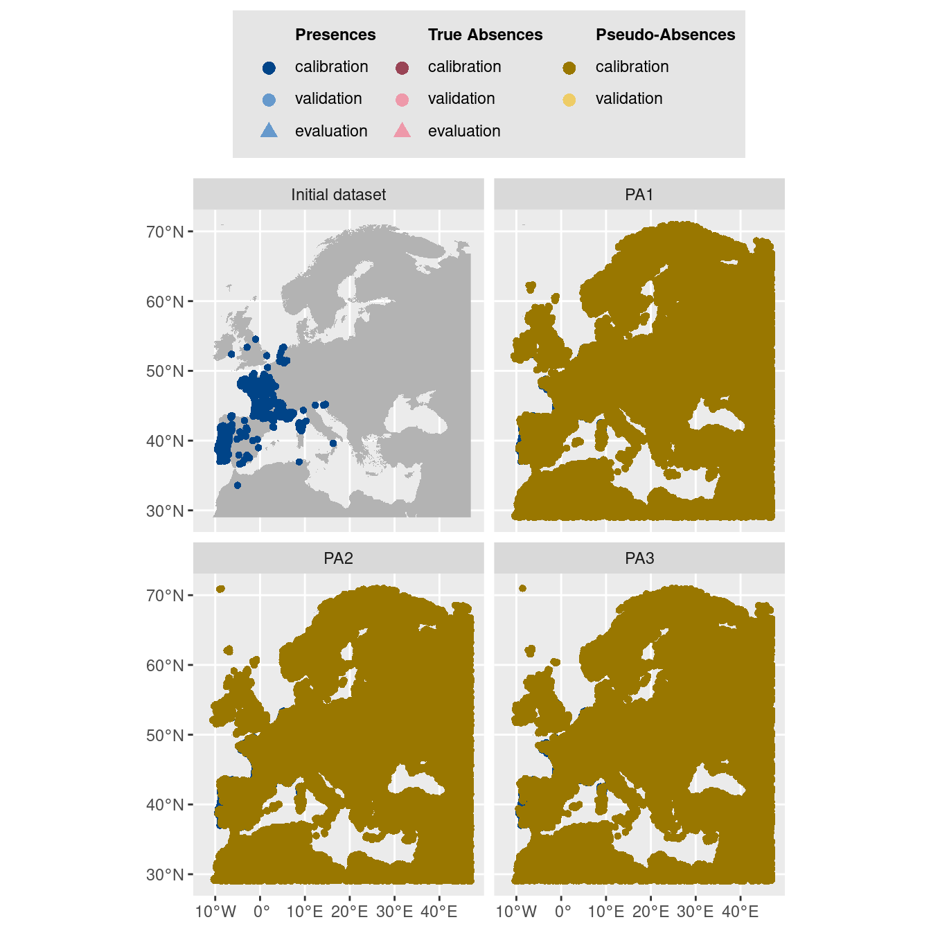 Les données d'occurrences (en haut à gauche) et les trois jeux de données aléatoires de pseudo-absences.