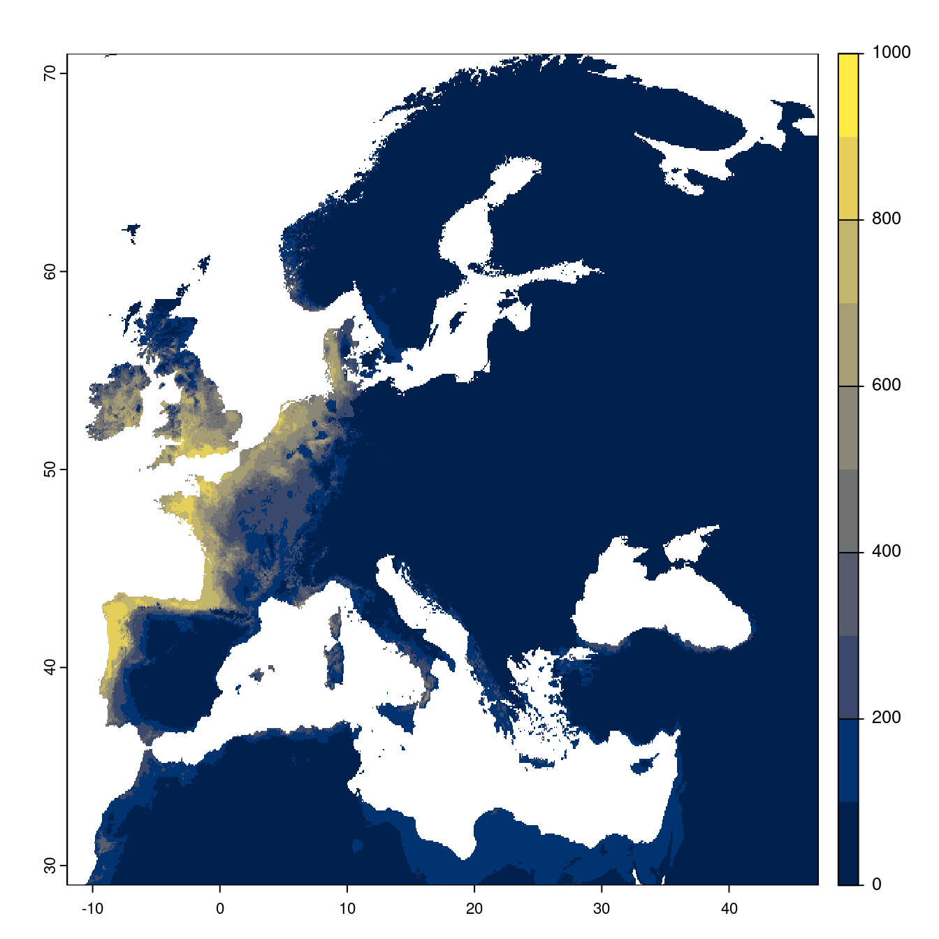 Projection des distributions potentielles futures jusqu'à l'horizon 2100 sous le scénario SSP2-4.5 (modèle d'ensemble).