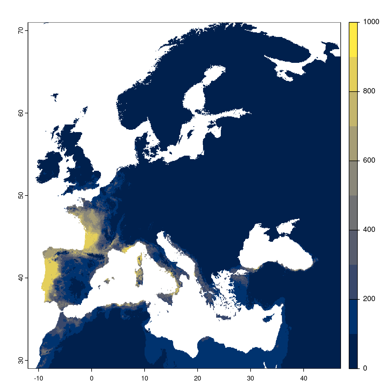 Projection des distributions potentielles futures jusqu'à l'horizon 2100 sous le scénario SSP3-7.0 (modèle d'ensemble).