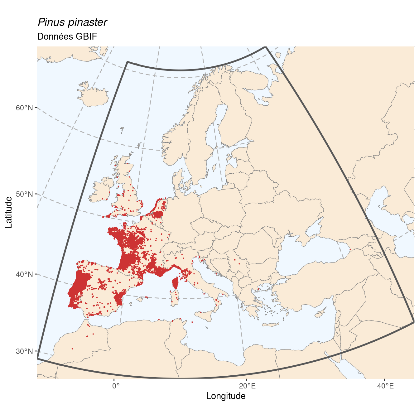 Occurrence de Pinus pinaster dans la région d'endémisme.