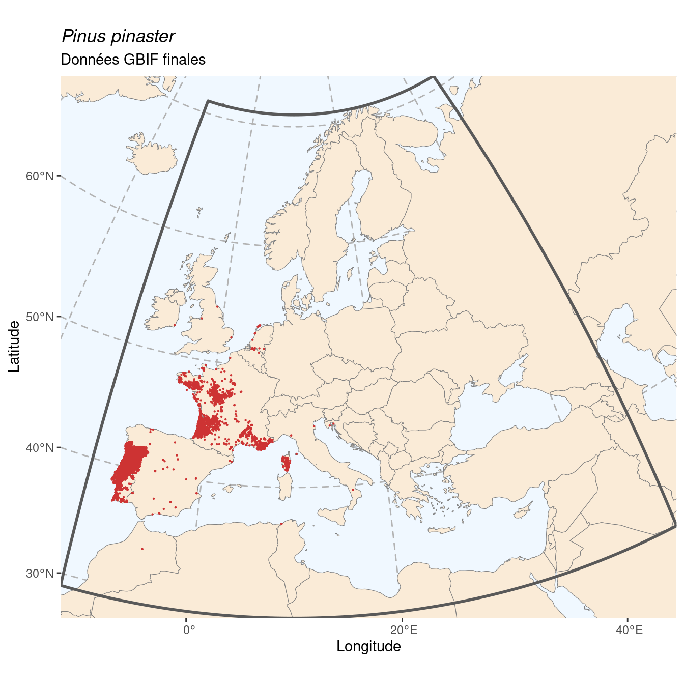 Occurrence de Pinus pinaster dans la région d'endémisme après sous-échantillonnage éventuel.