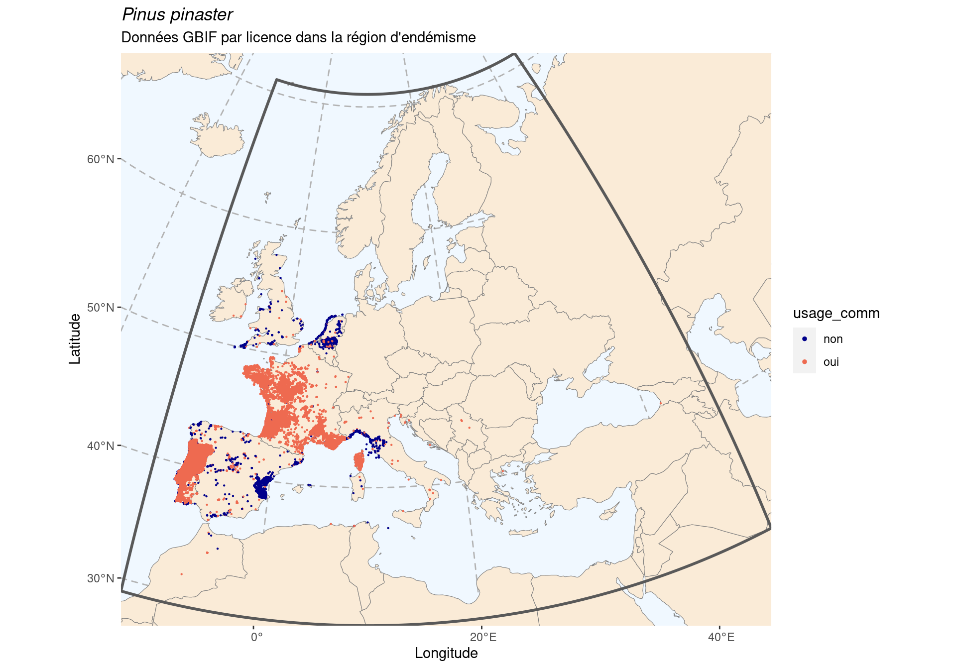 Occurrence de Pinus pinaster dans la région d'endémisme, selon la licence : CC BY-NC en bleu ; CC0 et CC BY en orange.