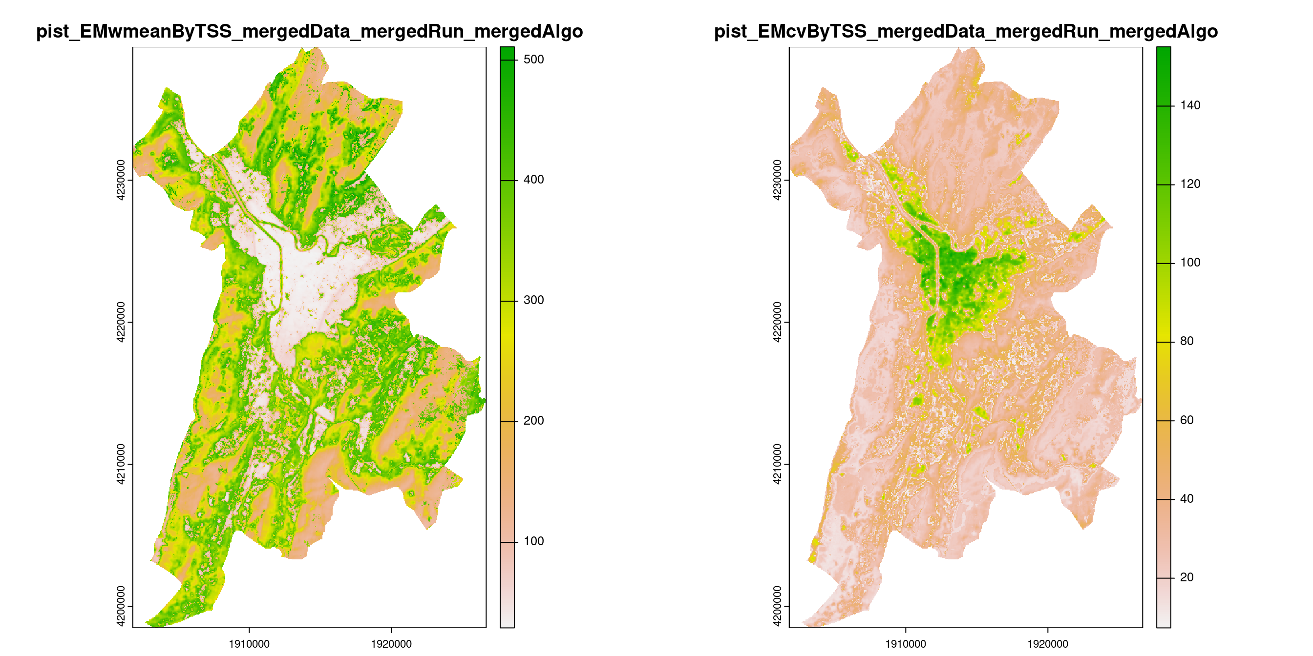 A) Projection de la distribution potentielle contemporaine (modèle d'ensemble) sur la métropole de Grenoble ; B) Incertitude associée à la projection.