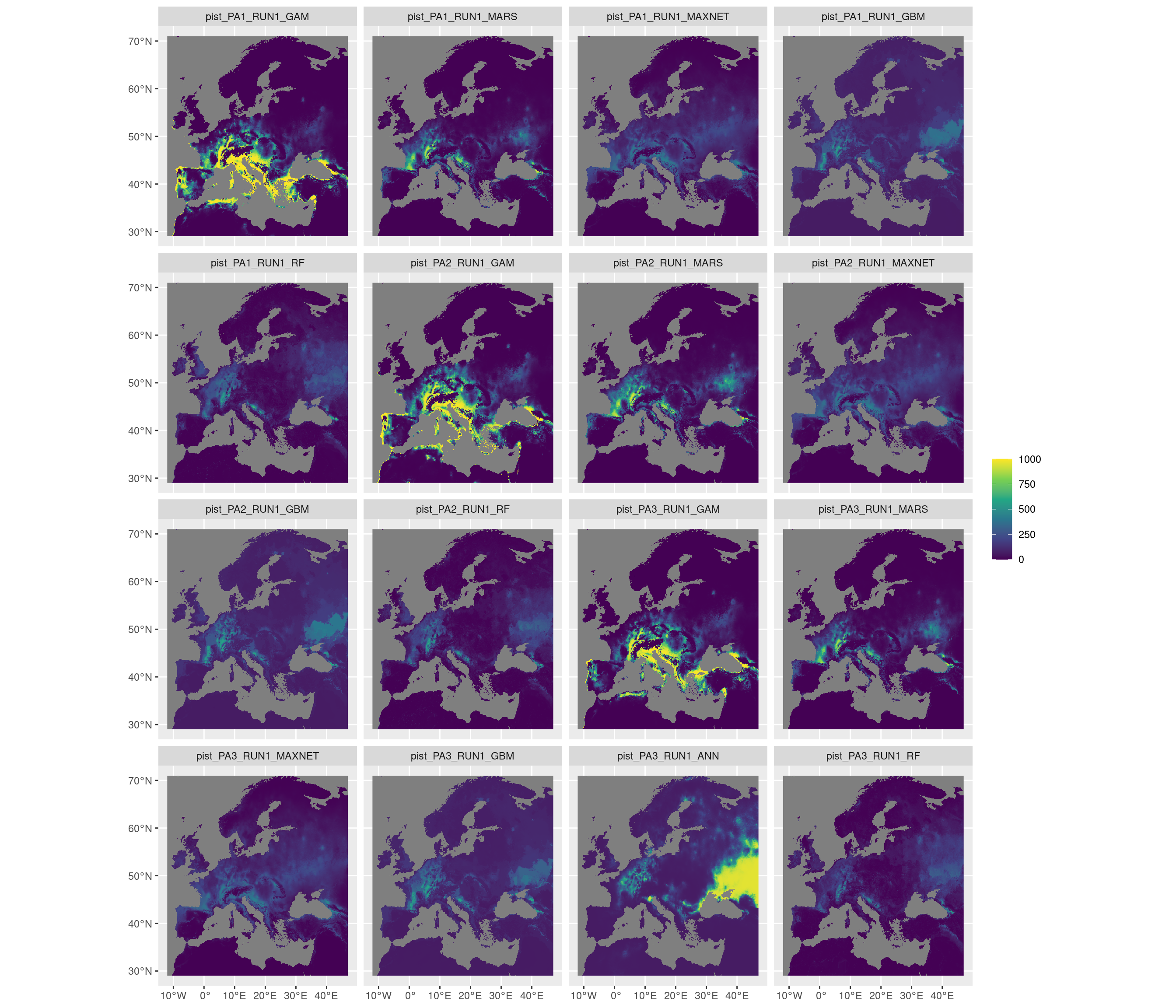Projection de la distribution potentielle contemporaine sur l'Europe, selon les 6 algorithmes et les 3 runs.