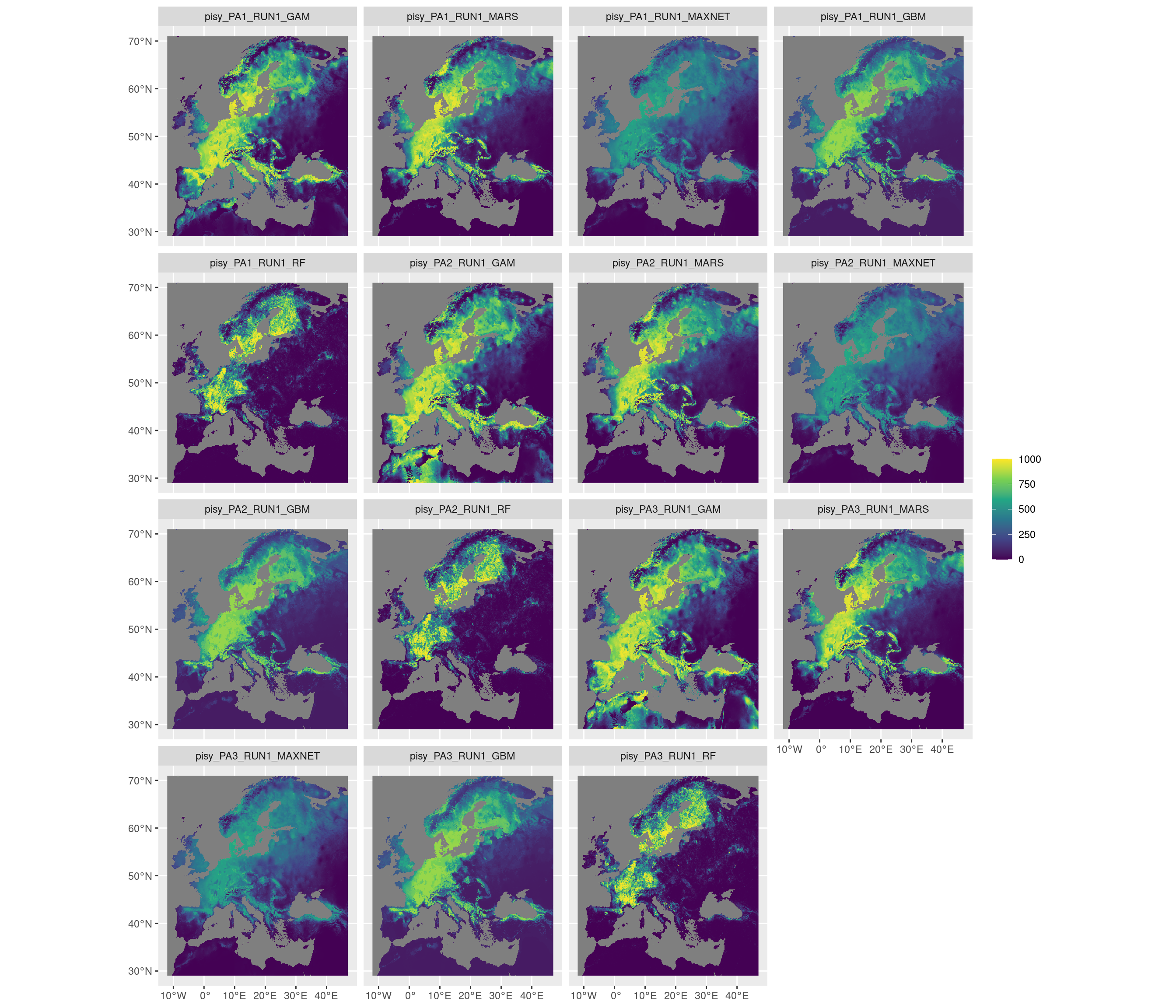 Projection de la distribution potentielle contemporaine sur l'Europe, selon les 6 algorithmes et les 3 runs.