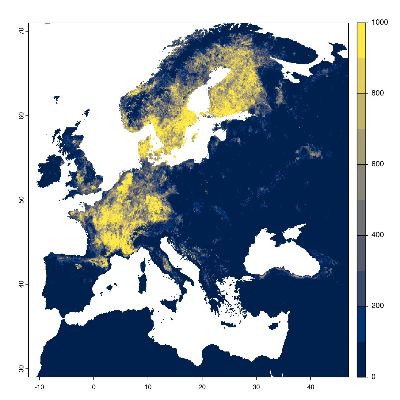 Projection des distributions potentielles futures jusqu'à l'horizon 2100 sous le scénario SSP5-8.5 (modèle d'ensemble).