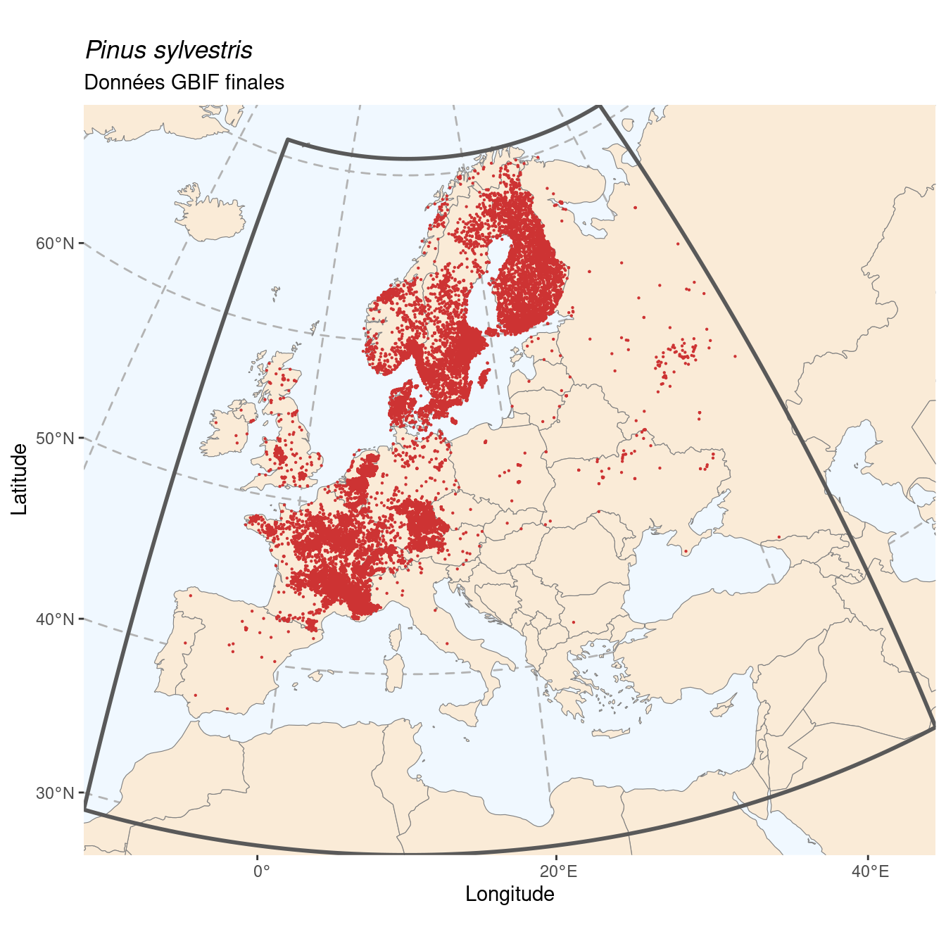 Occurrence de Pinus sylvestris dans la région d'endémisme après sous-échantillonnage éventuel.