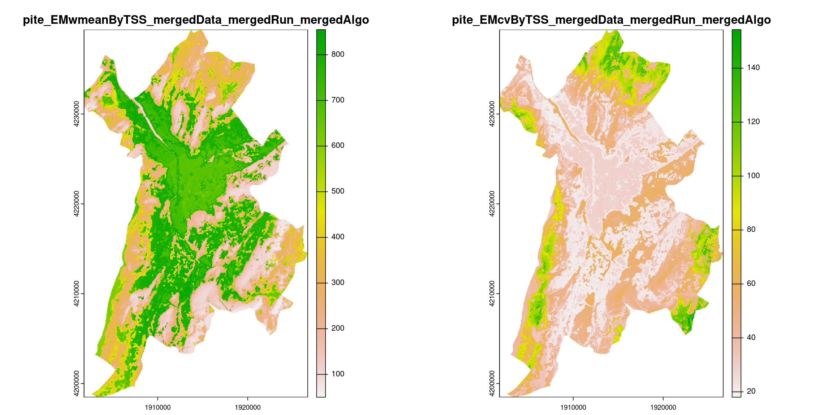 A) Projection de la distribution potentielle contemporaine (modèle d'ensemble) sur la métropole de Grenoble ; B) Incertitude associée à la projection.