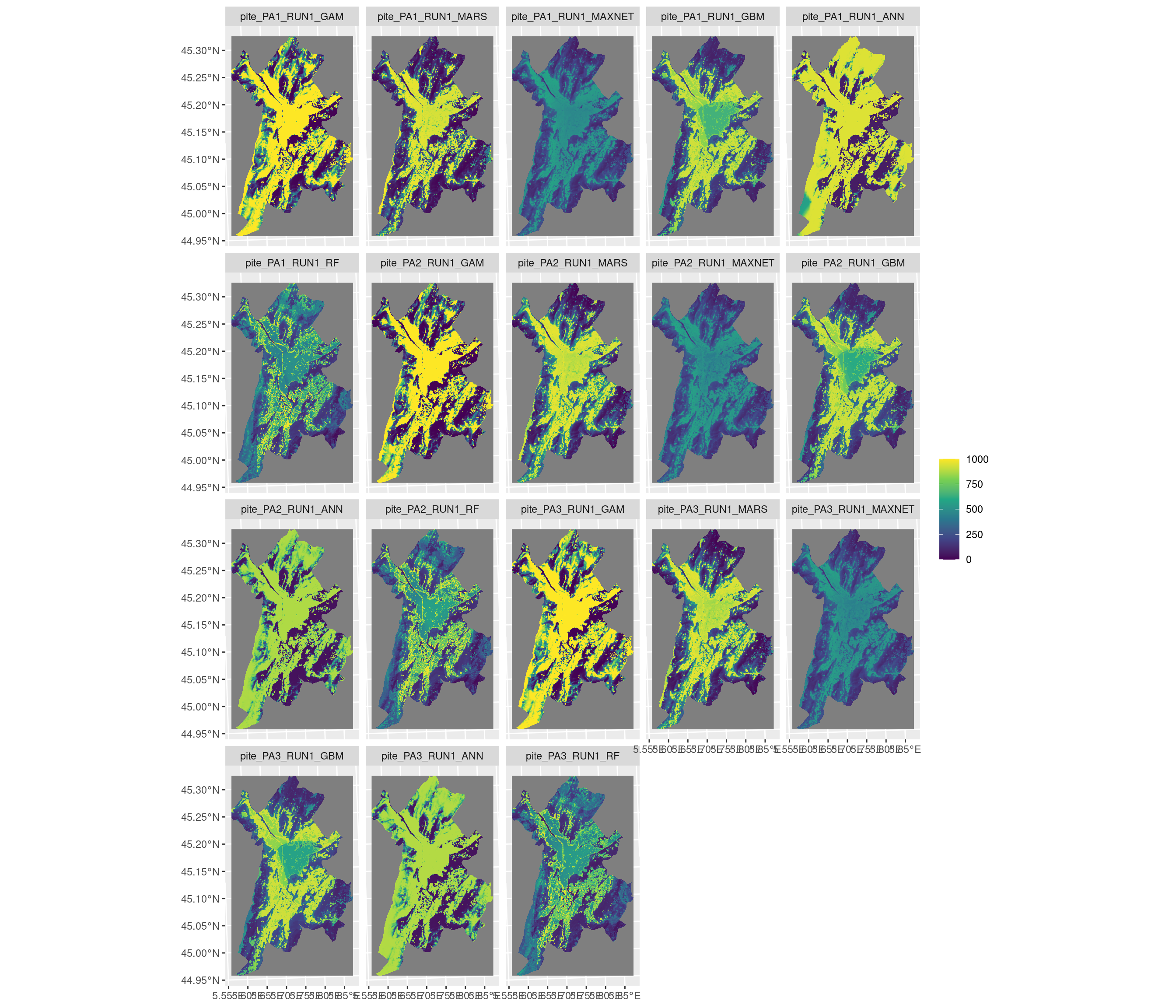 Projection de la distribution potentielle contemporaine sur la métropole de Grenoble, selon les 6 algorithmes et les 3 runs.