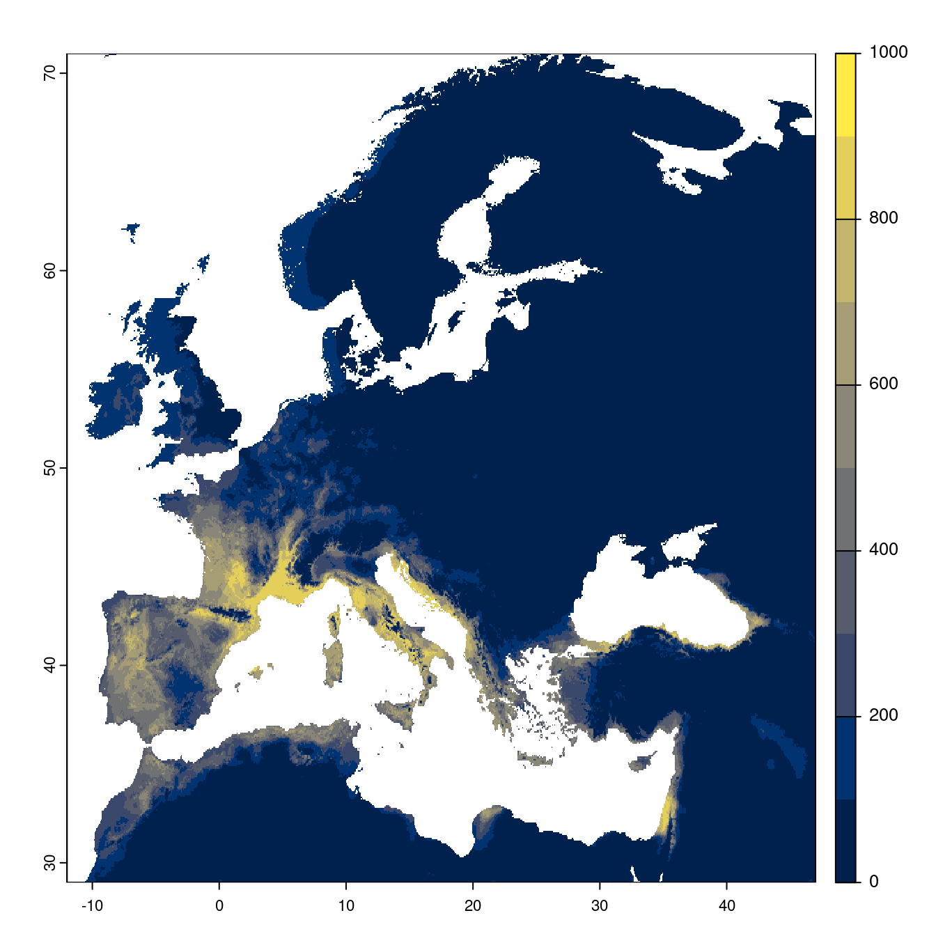 Projection des distributions potentielles futures jusqu'à l'horizon 2100 sous le scénario SSP3-7.0 (modèle d'ensemble).