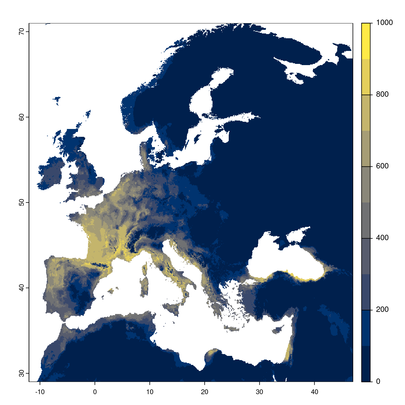 Projection des distributions potentielles futures jusqu'à l'horizon 2100 sous le scénario SSP5-8.5 (modèle d'ensemble).