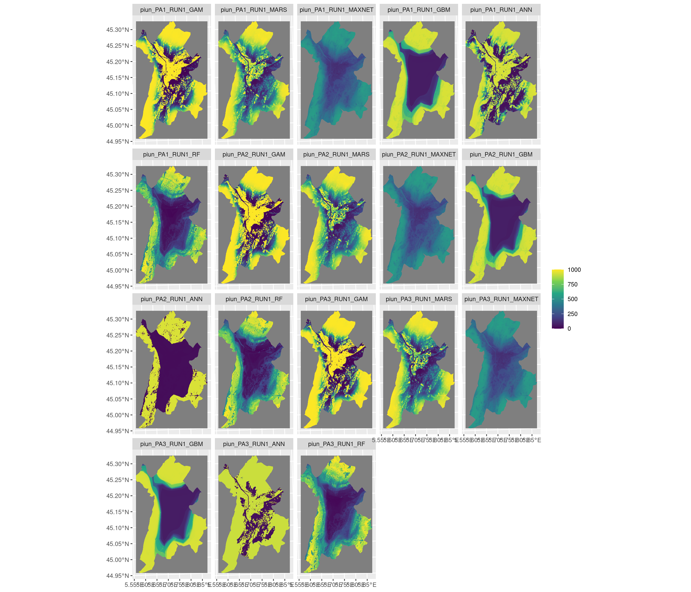 Projection de la distribution potentielle contemporaine sur la métropole de Grenoble, selon les 6 algorithmes et les 3 runs.