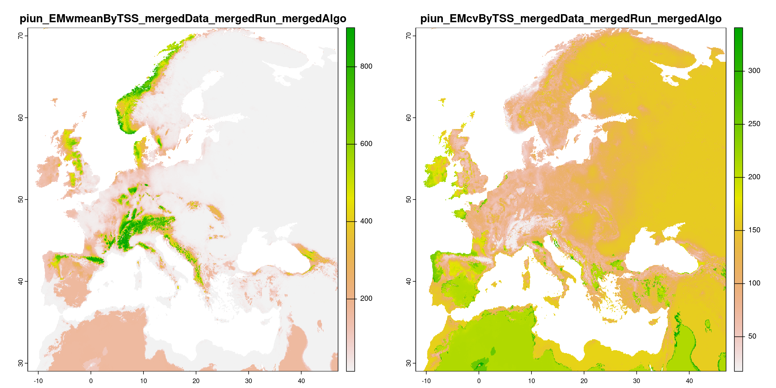 A) Projection de la distribution potentielle contemporaine (modèle d'ensemble) ; B) Incertitude associée à la projection.