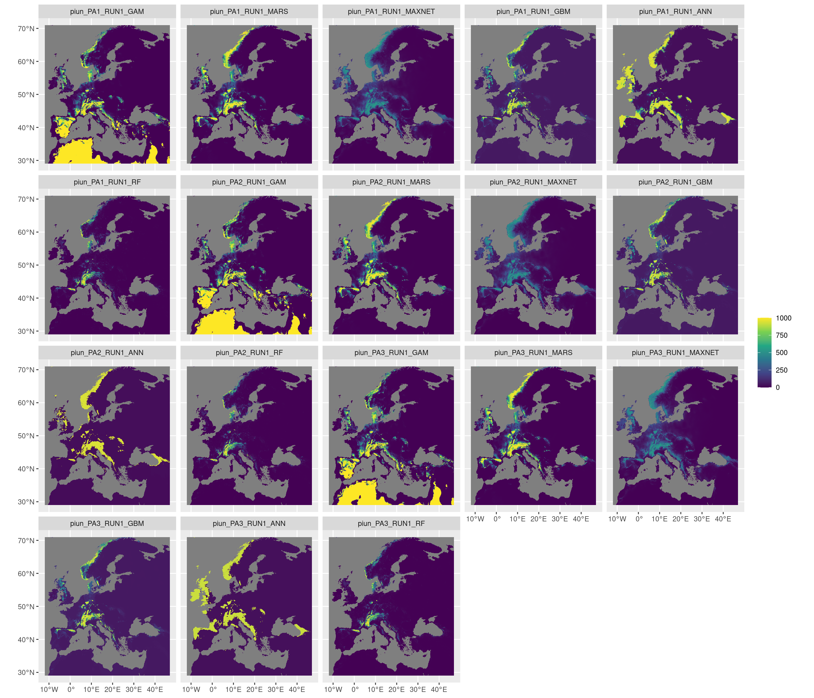 Projection de la distribution potentielle contemporaine sur l'Europe, selon les 6 algorithmes et les 3 runs.