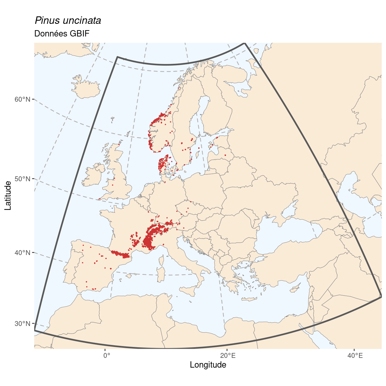 Occurrence de Pinus uncinata dans la région d'endémisme.