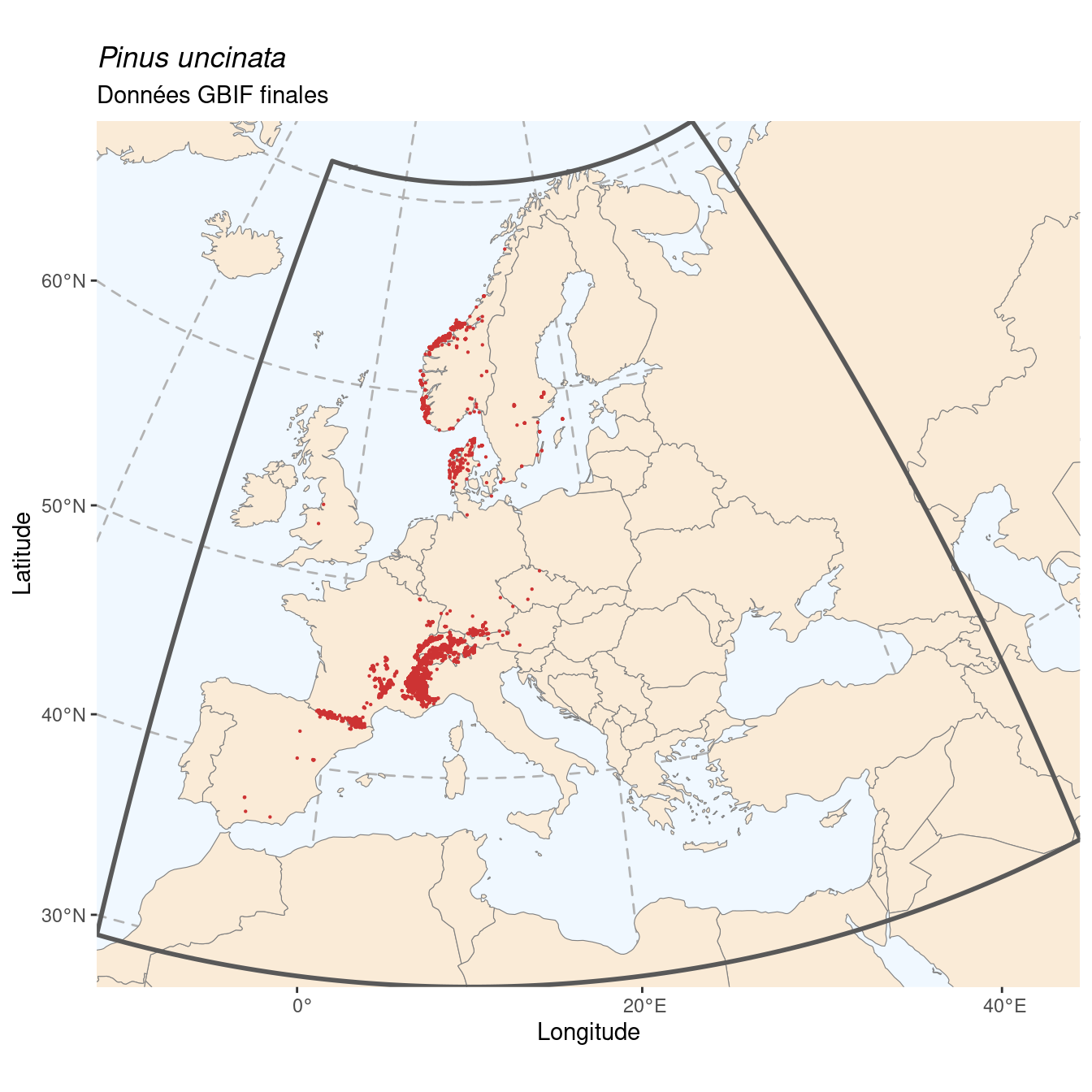 Occurrence de Pinus uncinata dans la région d'endémisme après sous-échantillonnage éventuel.