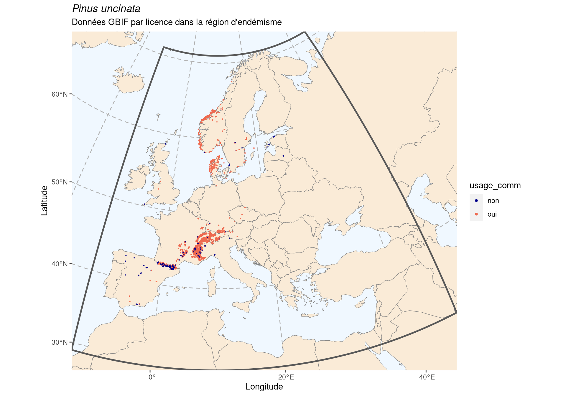 Occurrence de Pinus uncinata dans la région d'endémisme, selon la licence : CC BY-NC en bleu ; CC0 et CC BY en orange.