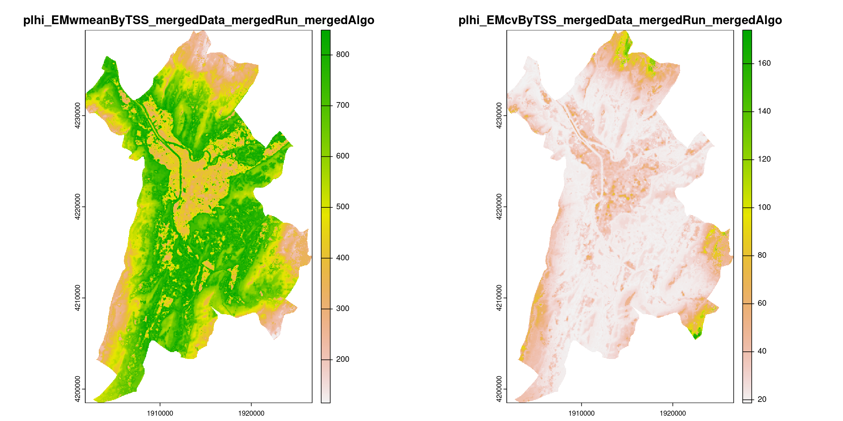 A) Projection de la distribution potentielle contemporaine (modèle d'ensemble) sur la métropole de Grenoble ; B) Incertitude associée à la projection.