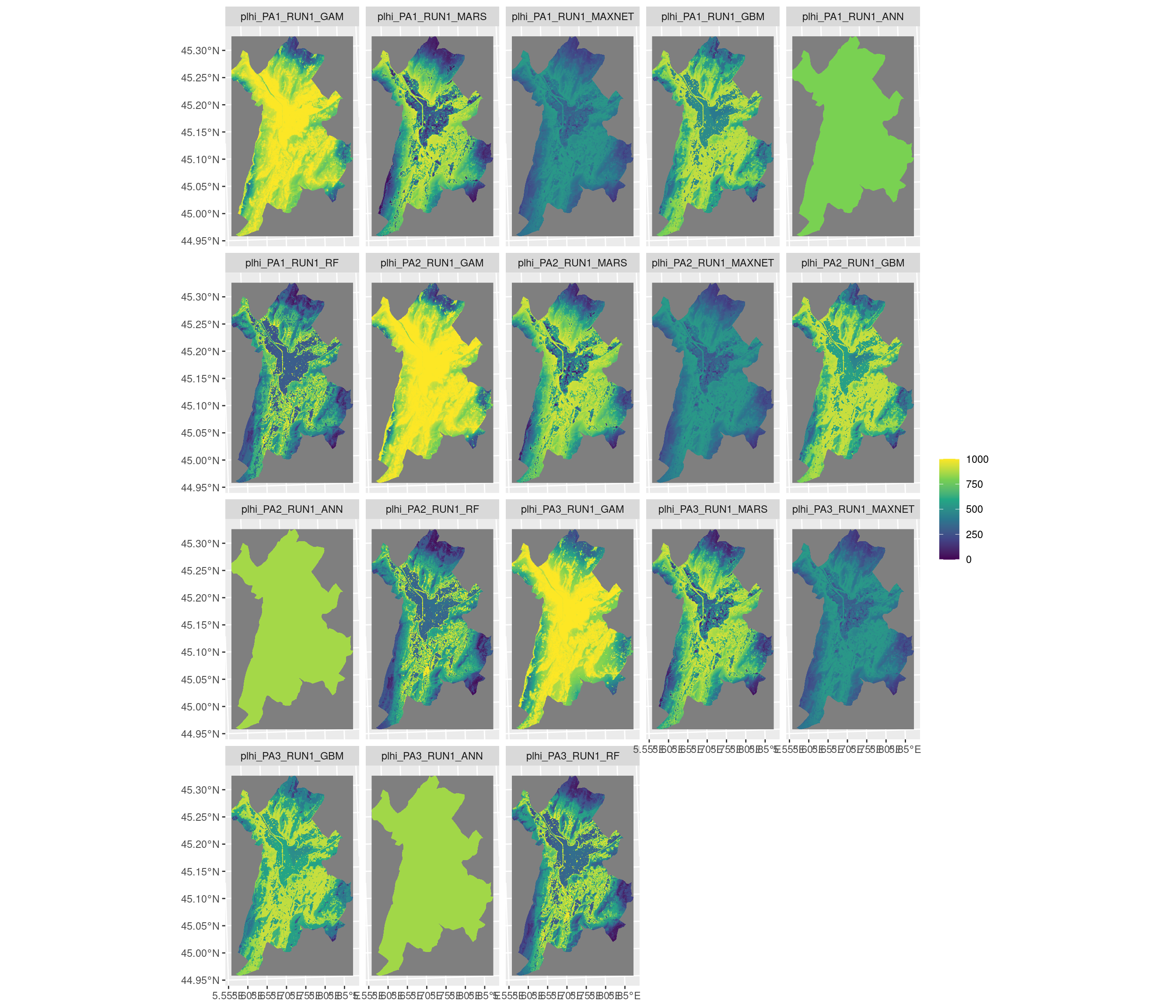 Projection de la distribution potentielle contemporaine sur la métropole de Grenoble, selon les 6 algorithmes et les 3 runs.
