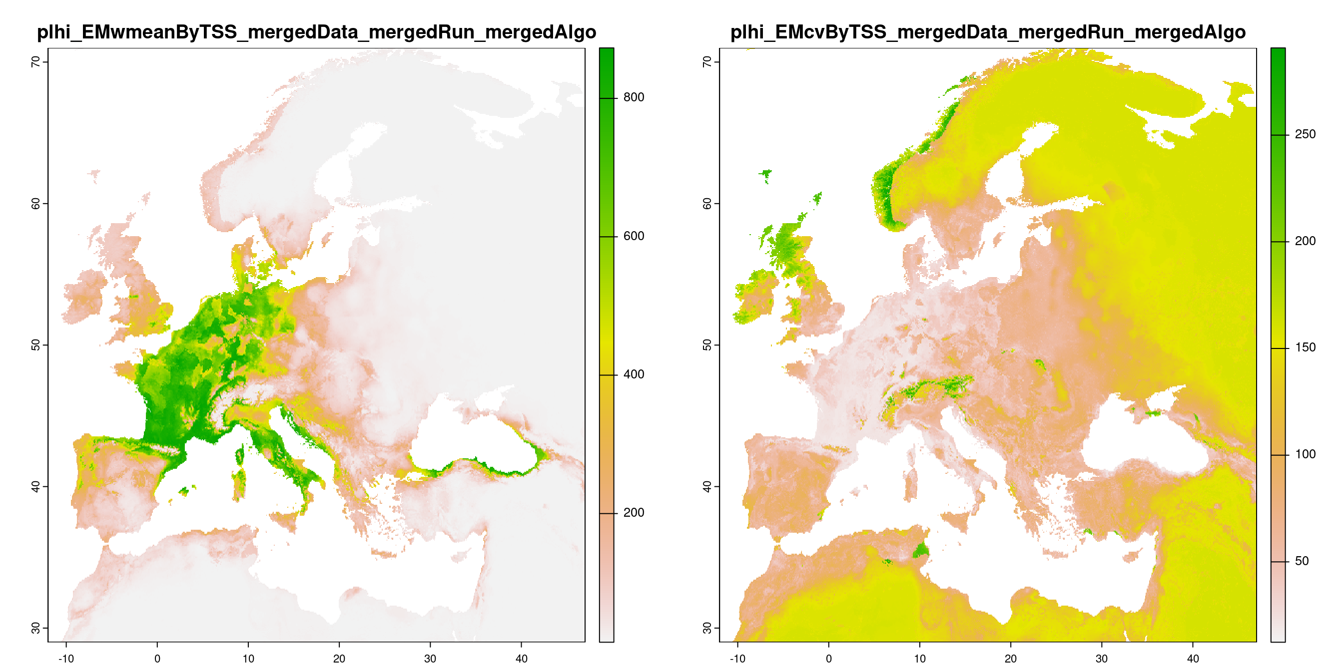 A) Projection de la distribution potentielle contemporaine (modèle d'ensemble) ; B) Incertitude associée à la projection.