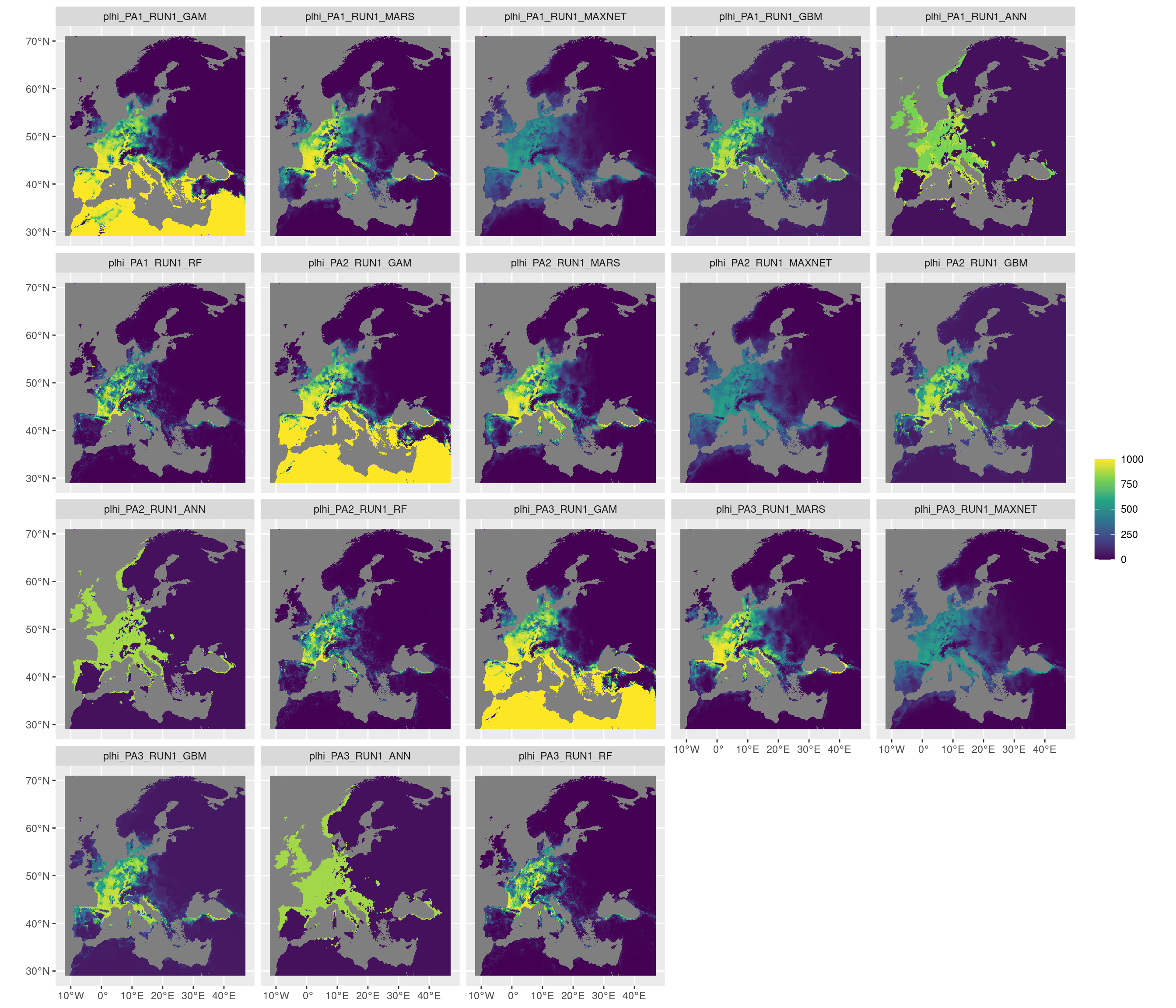 Projection de la distribution potentielle contemporaine sur l'Europe, selon les 6 algorithmes et les 3 runs.