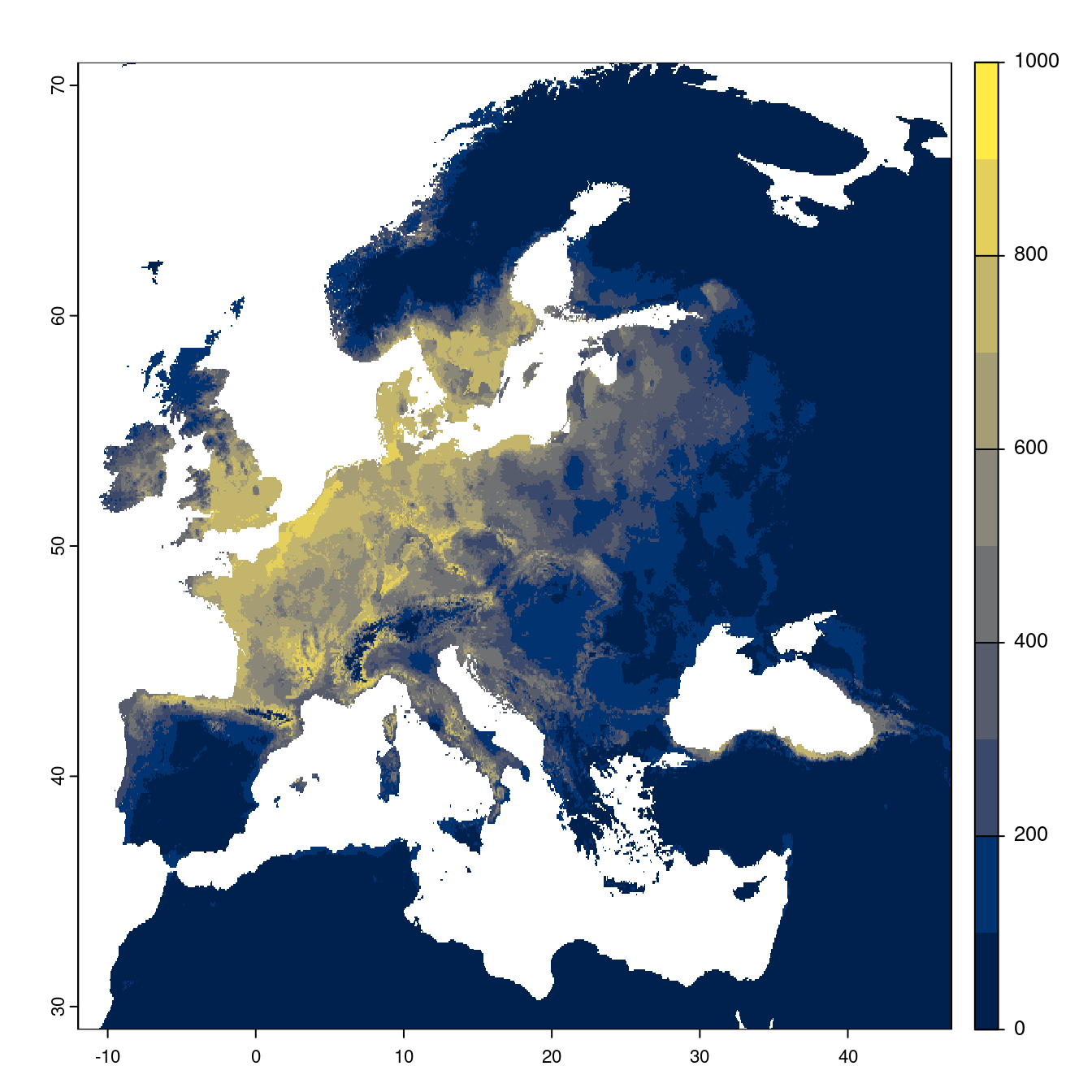 Projection des distributions potentielles futures jusqu'à l'horizon 2100 sous le scénario SSP2-4.5 (modèle d'ensemble).