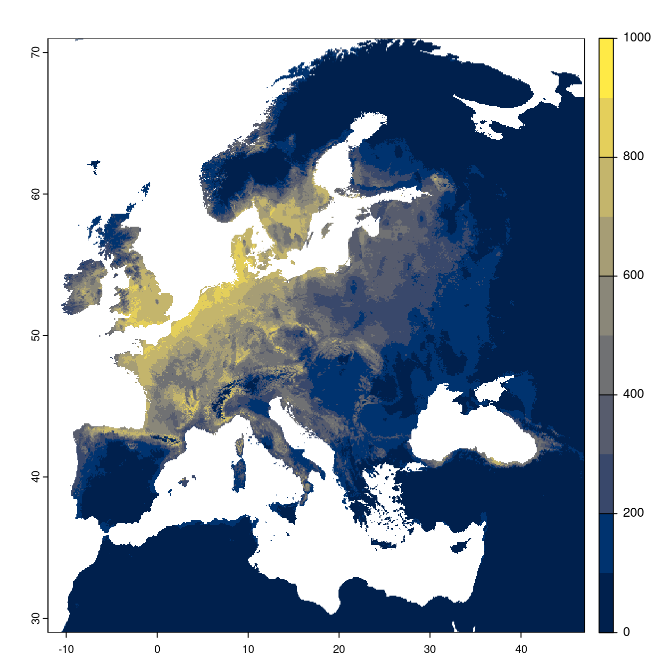 Projection des distributions potentielles futures jusqu'à l'horizon 2100 sous le scénario SSP3-7.0 (modèle d'ensemble).