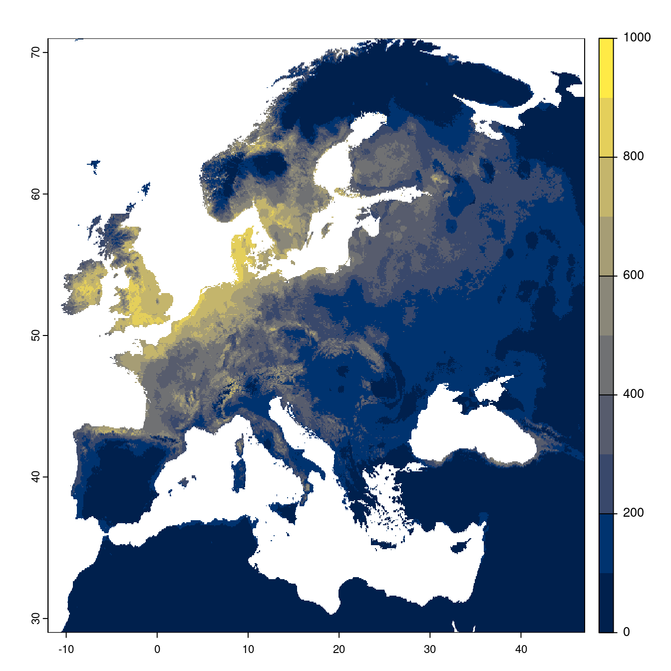 Projection des distributions potentielles futures jusqu'à l'horizon 2100 sous le scénario SSP3-7.0 (modèle d'ensemble).