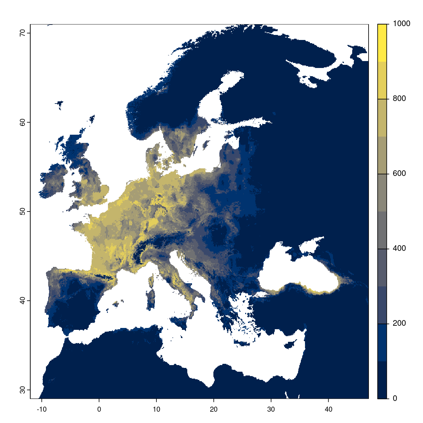 Projection des distributions potentielles futures jusqu'à l'horizon 2100 sous le scénario SSP5-8.5 (modèle d'ensemble).
