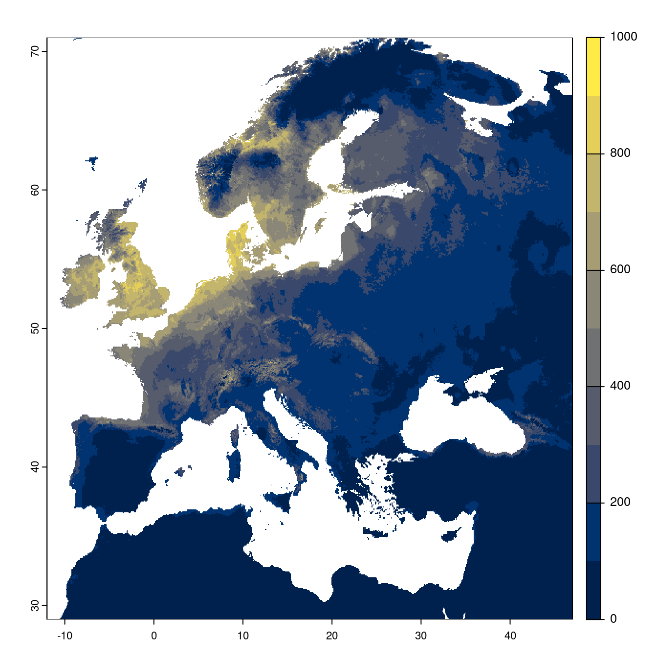 Projection des distributions potentielles futures jusqu'à l'horizon 2100 sous le scénario SSP5-8.5 (modèle d'ensemble).