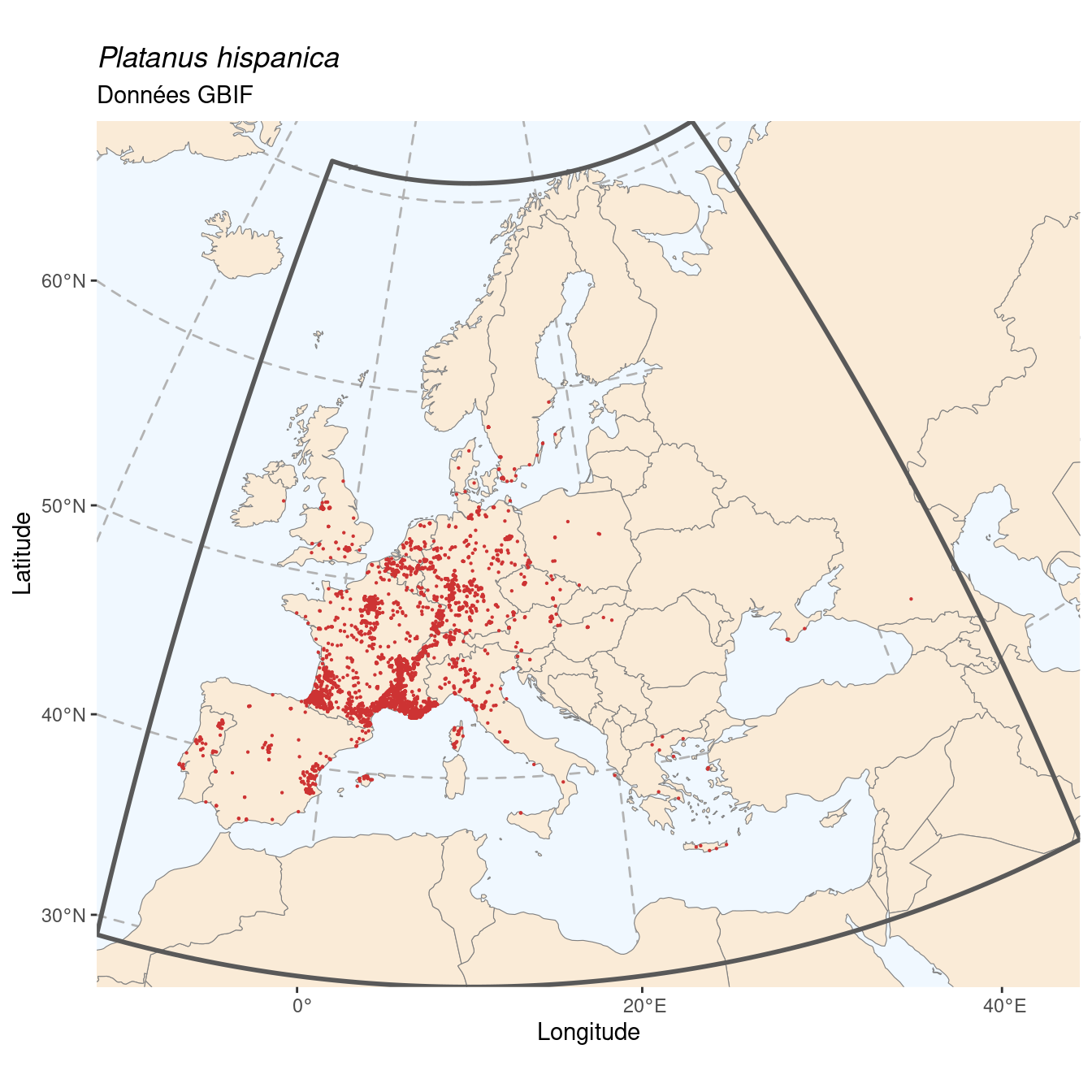 Occurrence de Platanus hispanica dans la région d'endémisme.