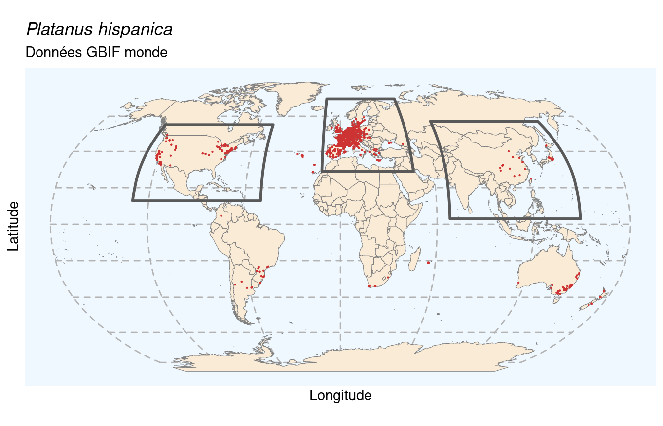Occurrences de Platanus hispanica dans le monde.