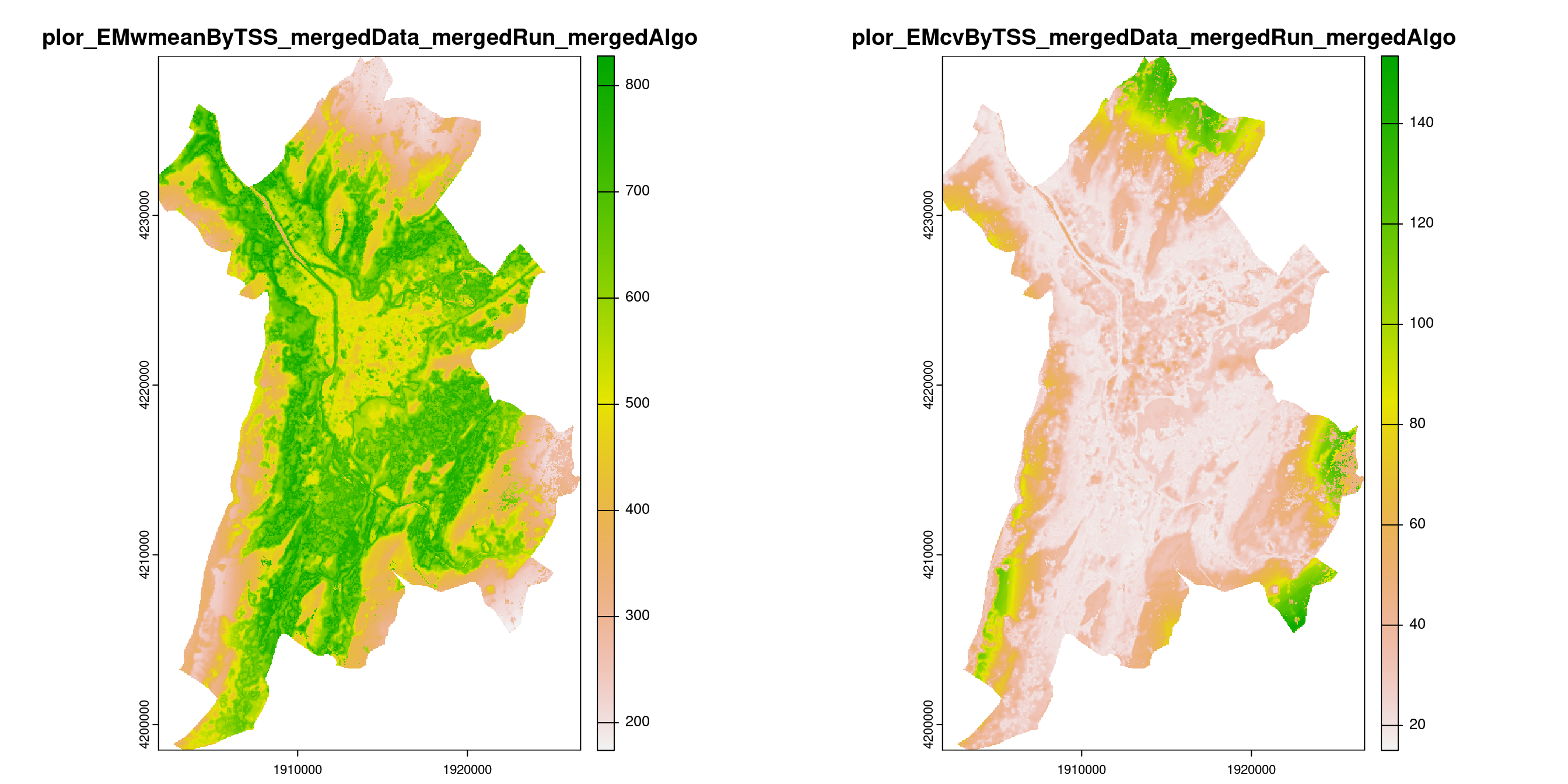 A) Projection de la distribution potentielle contemporaine (modèle d'ensemble) sur la métropole de Grenoble ; B) Incertitude associée à la projection.