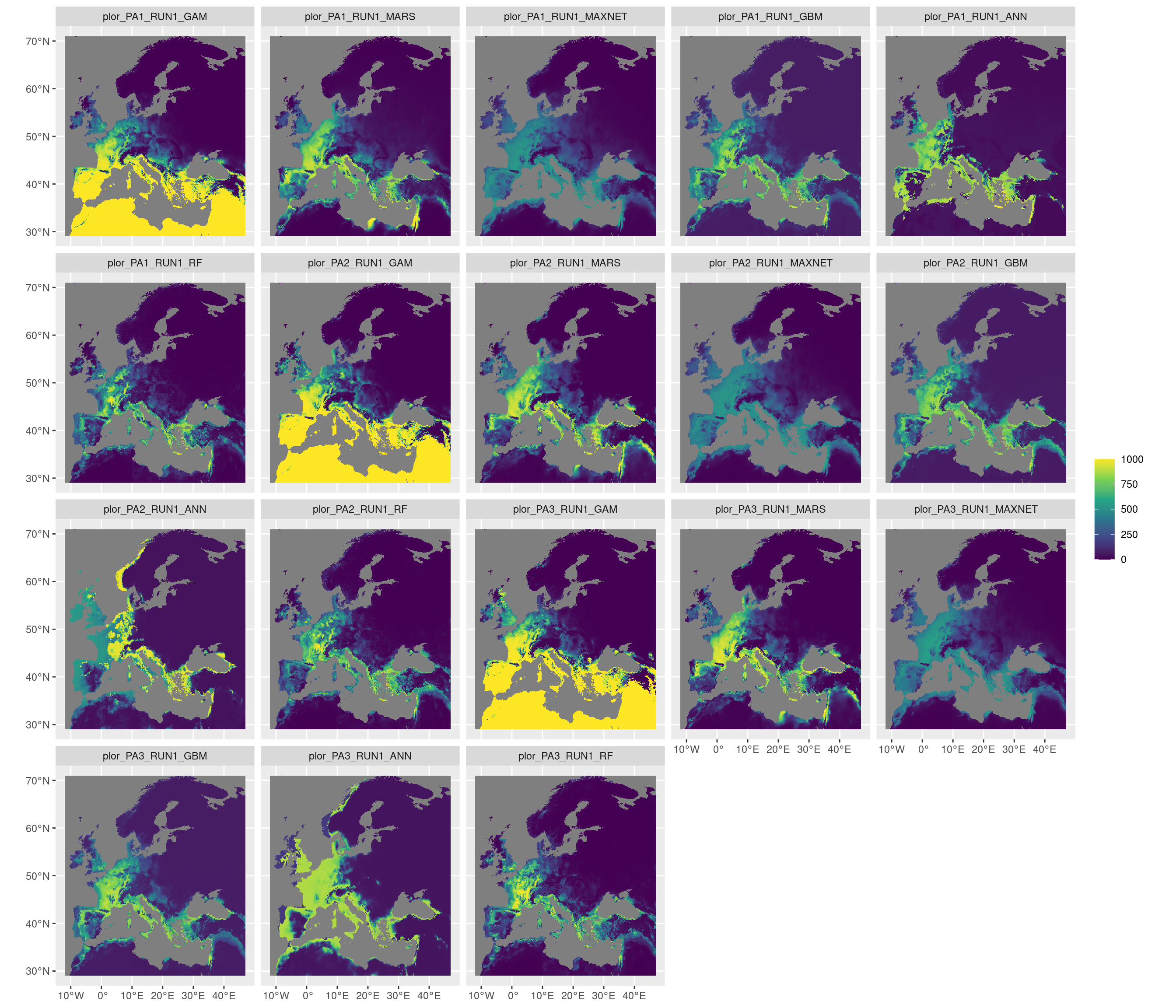 Projection de la distribution potentielle contemporaine sur l'Europe, selon les 6 algorithmes et les 3 runs.